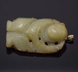 Antique Yellow Gold Jade Large Carved Nezha Deity Pendant