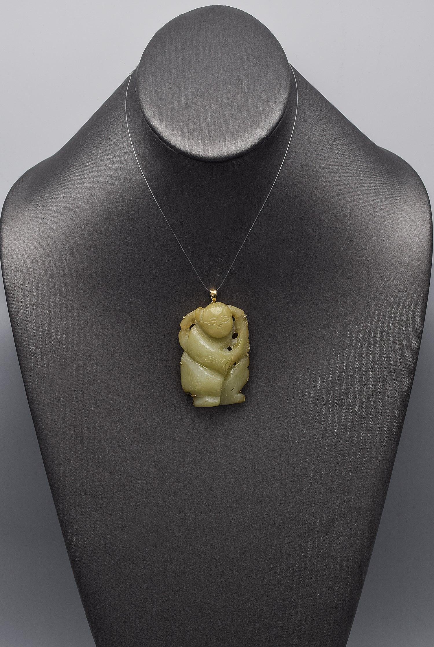 Antique Yellow Gold Jade Large Carved Nezha Deity Pendant