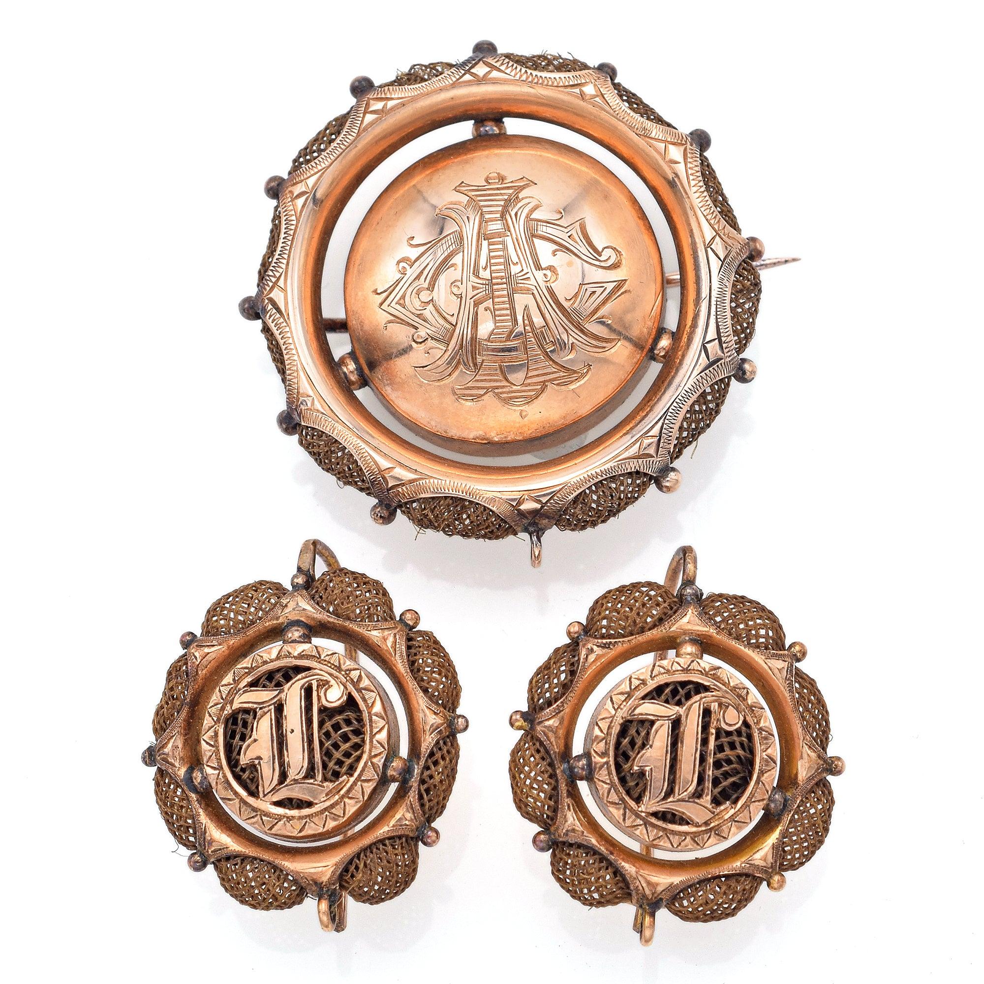 Antique 19th Century 14K Rose Gold Mourning Brooch Pin Pendant & Earrings Set