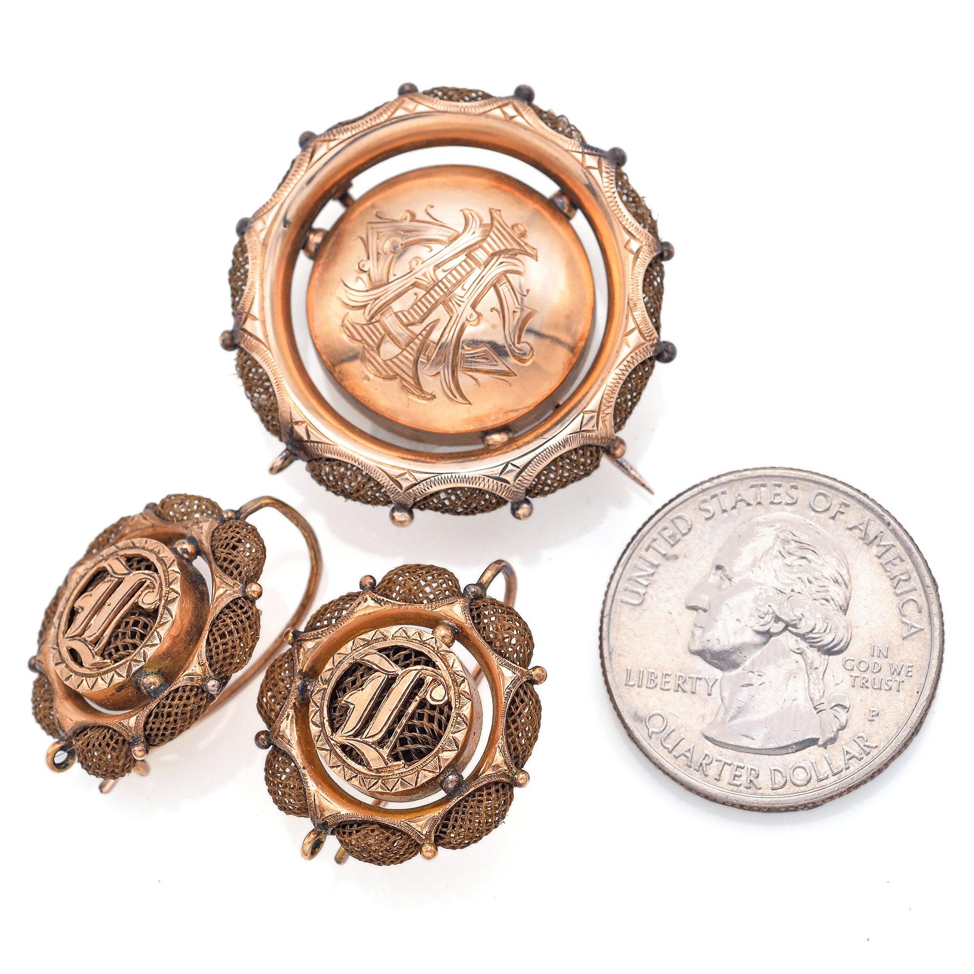 Antique 19th Century 14K Rose Gold Mourning Brooch Pin Pendant & Earrings Set