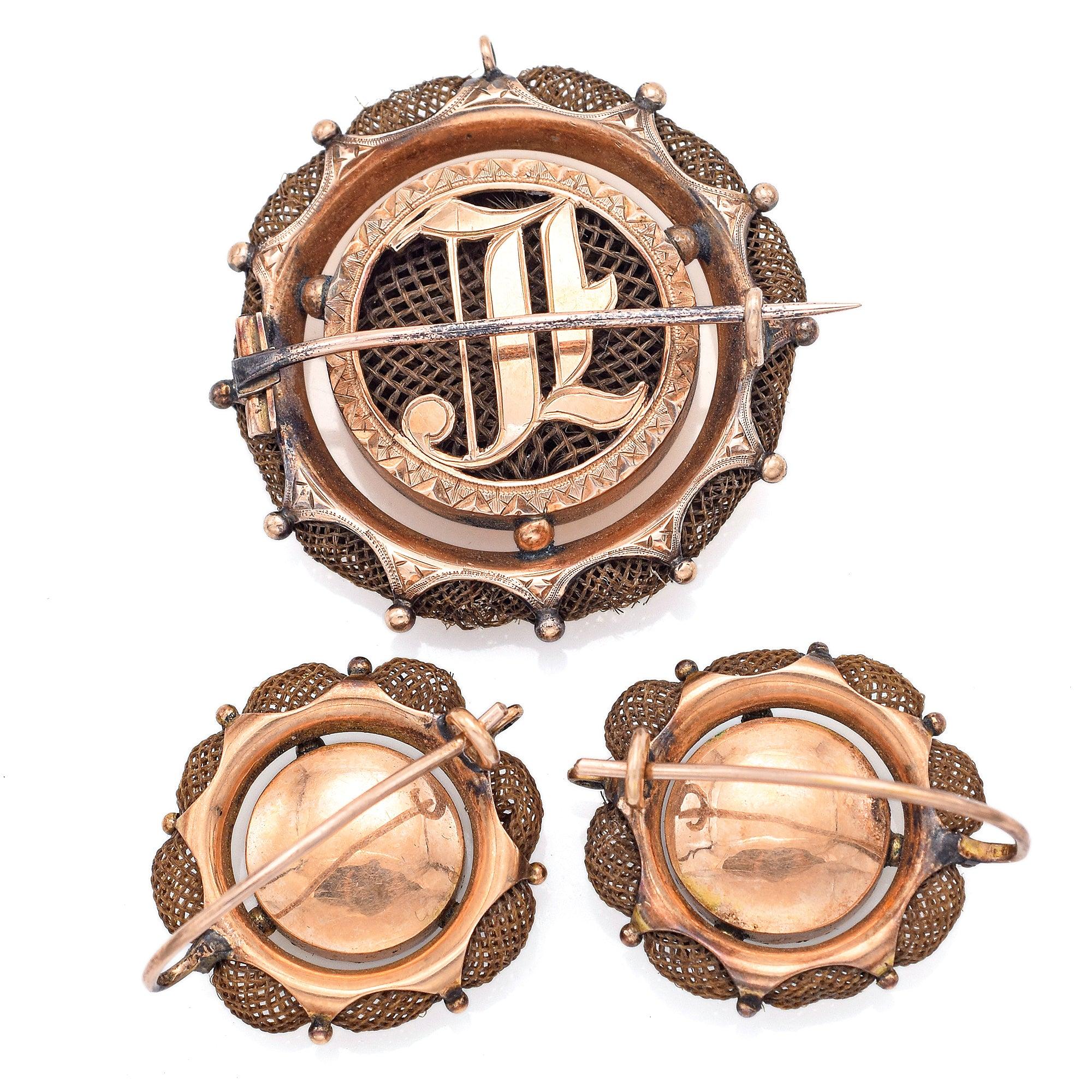 Antique 19th Century 14K Rose Gold Mourning Brooch Pin Pendant & Earrings Set