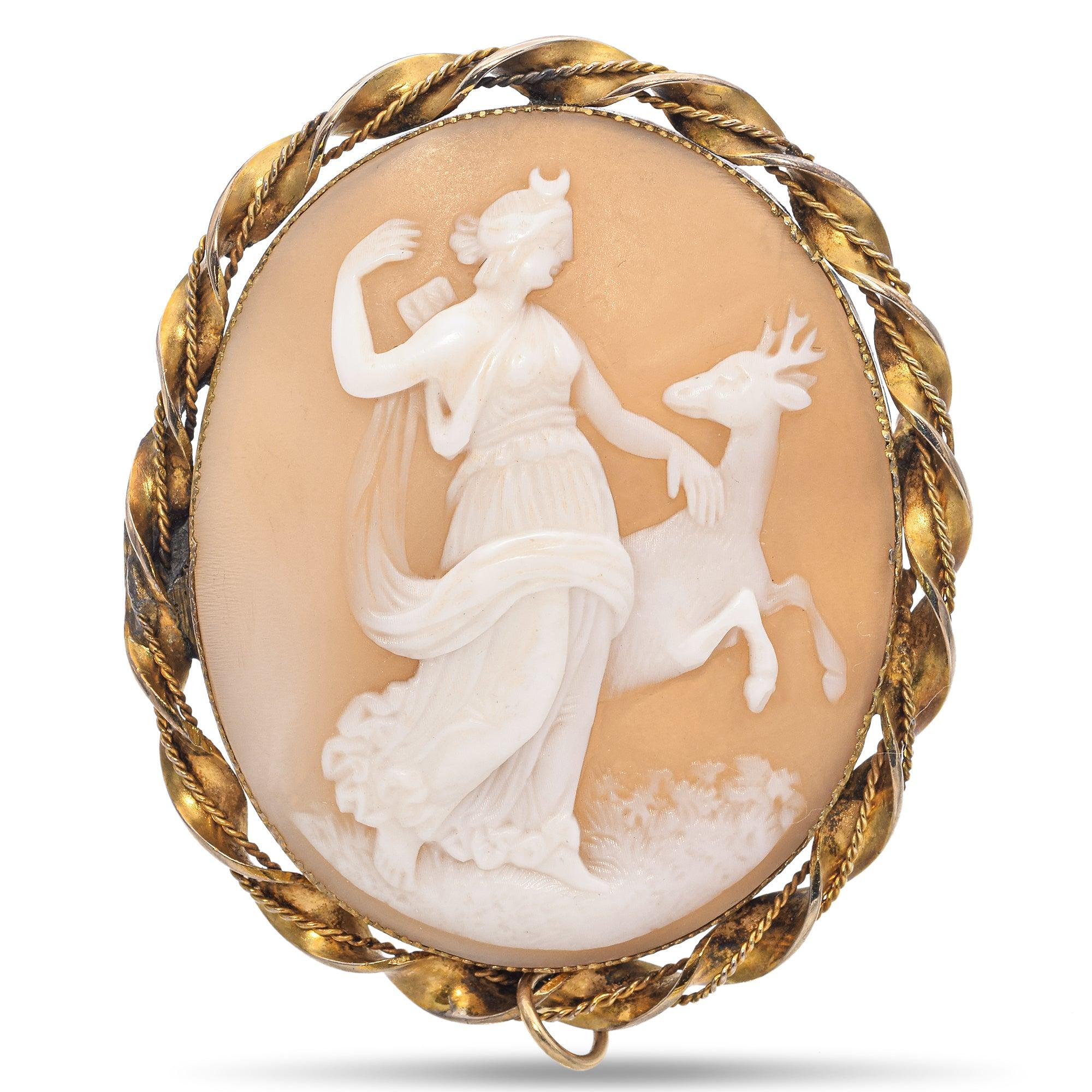 Antique Yellow Gold Artemis with Deer Cameo Brooch