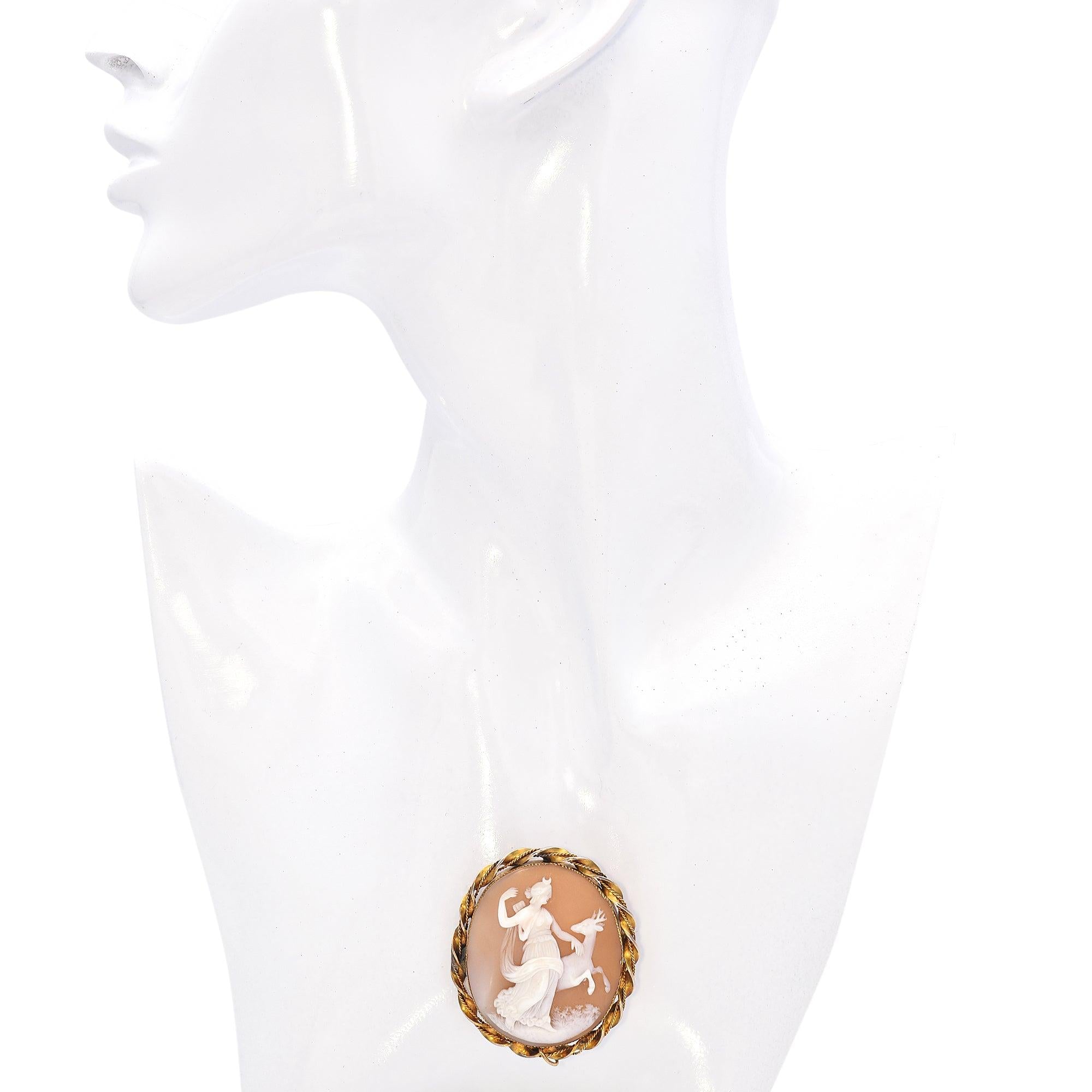Antique Yellow Gold Artemis with Deer Cameo Brooch