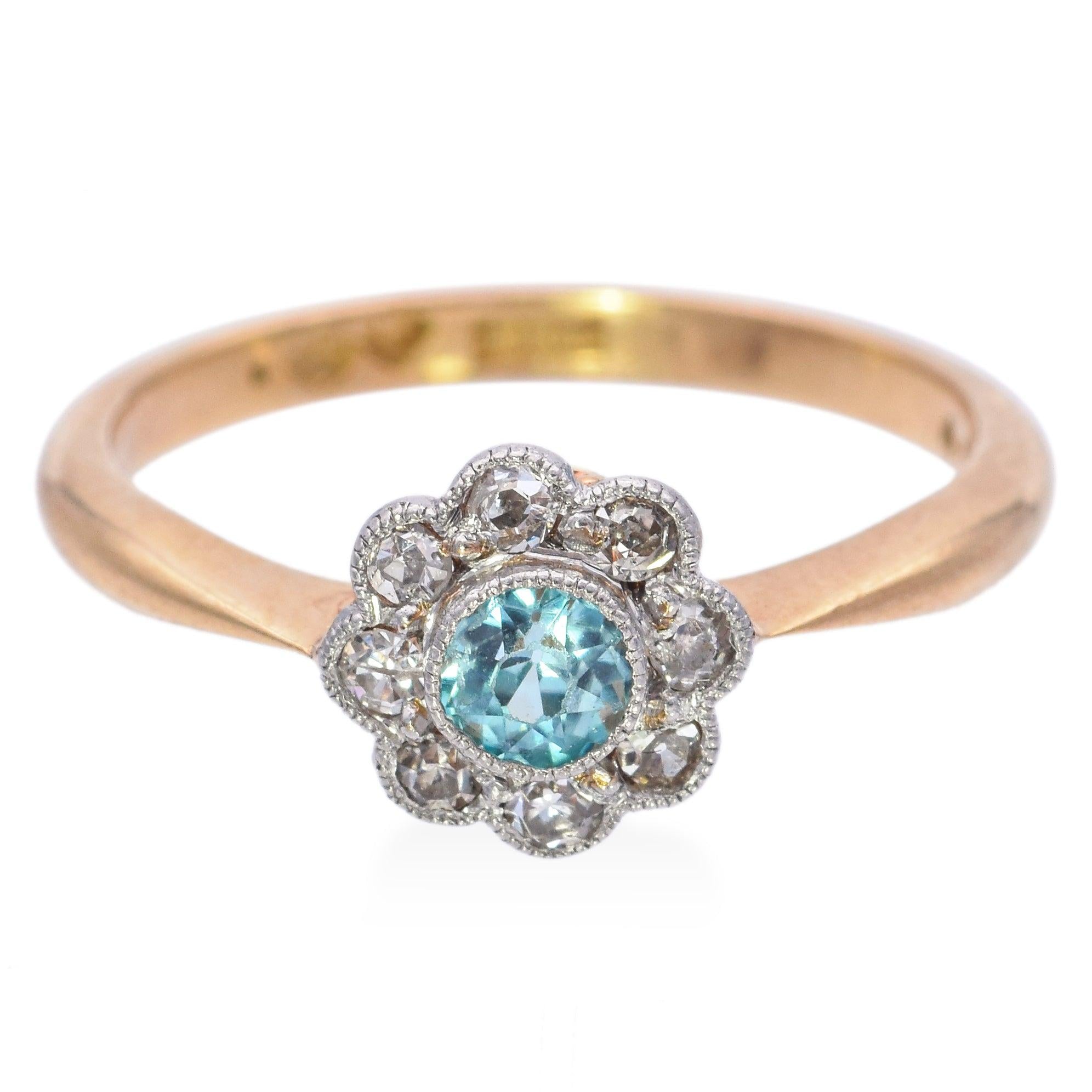 Antique A H Signed 18K Yellow Gold Platinum Blue Zircon Diamond Ring