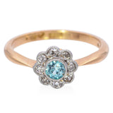 Antique A H Signed 18K Yellow Gold Platinum Blue Zircon Diamond Ring