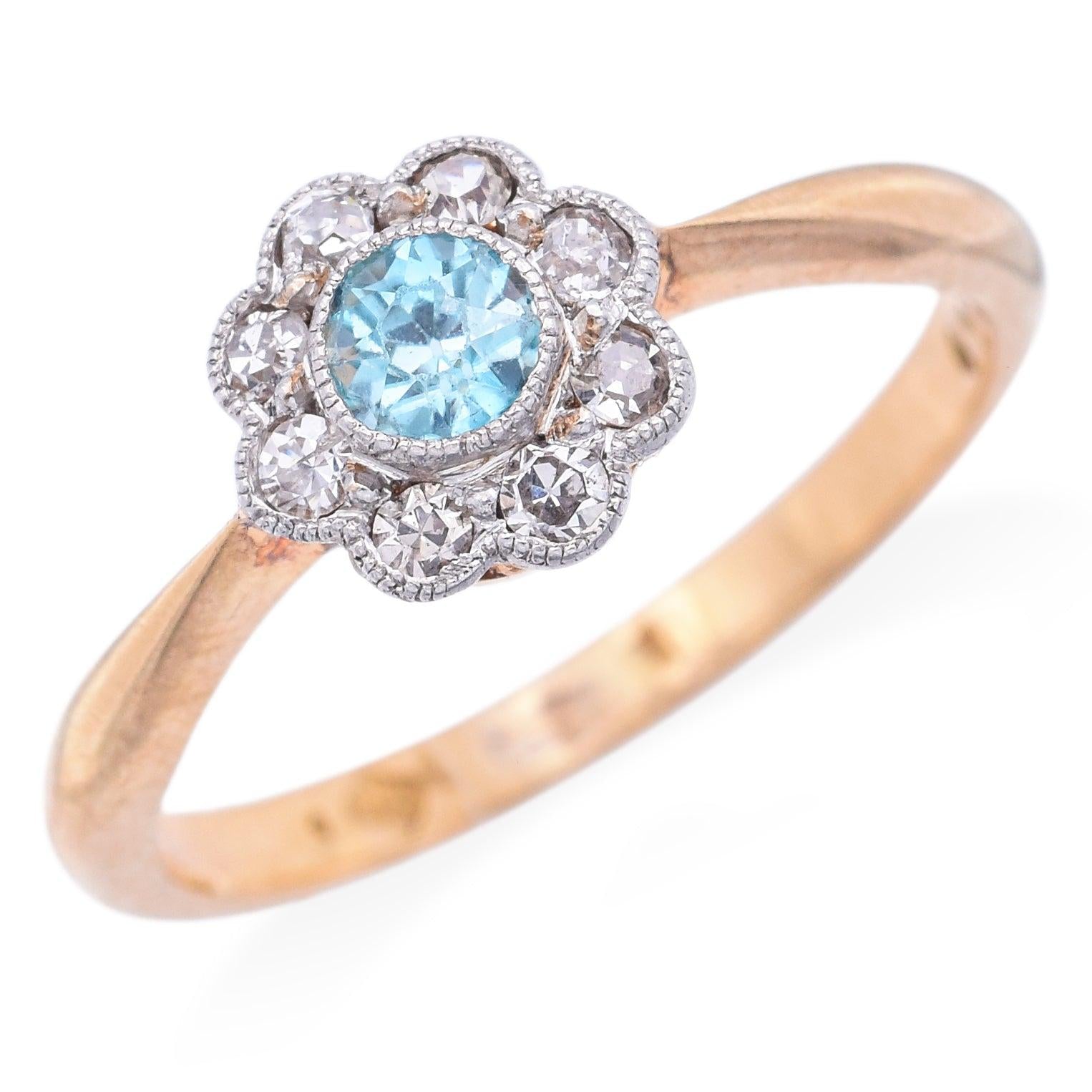 Antique A H Signed 18K Yellow Gold Platinum Blue Zircon Diamond Ring