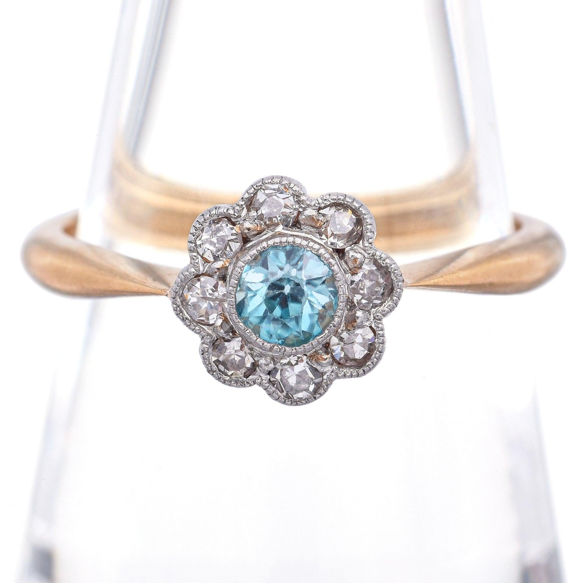 Antique A H Signed 18K Yellow Gold Platinum Blue Zircon Diamond Ring