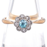 Antique A H Signed 18K Yellow Gold Platinum Blue Zircon Diamond Ring