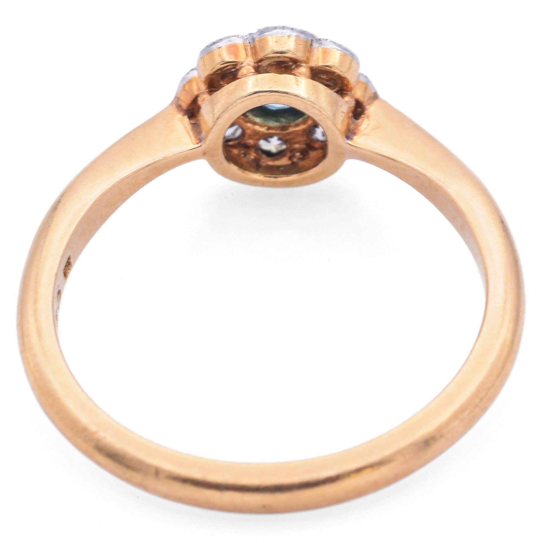 Antique A H Signed 18K Yellow Gold Platinum Blue Zircon Diamond Ring