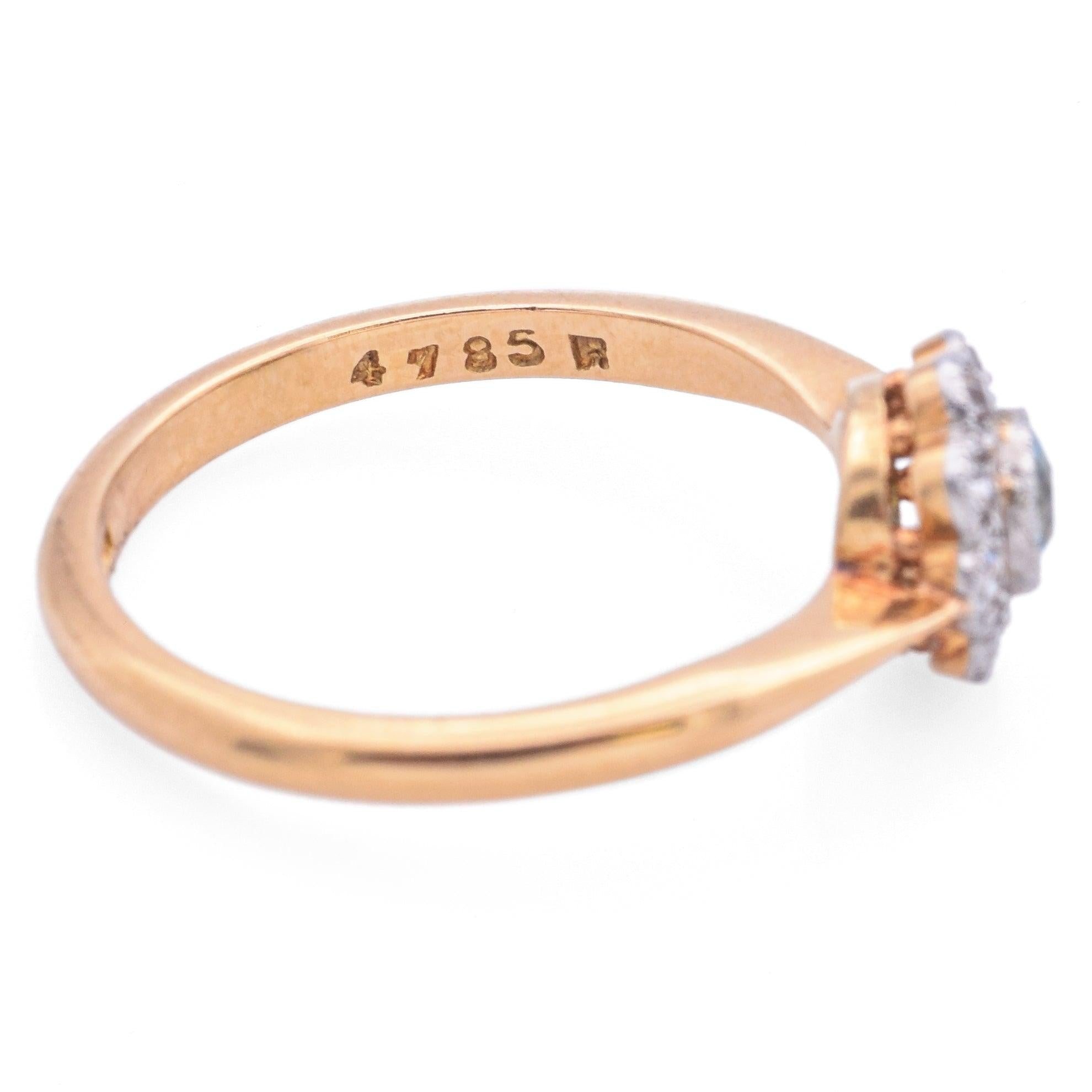 Antique A H Signed 18K Yellow Gold Platinum Blue Zircon Diamond Ring