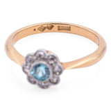 Antique A H Signed 18K Yellow Gold Platinum Blue Zircon Diamond Ring