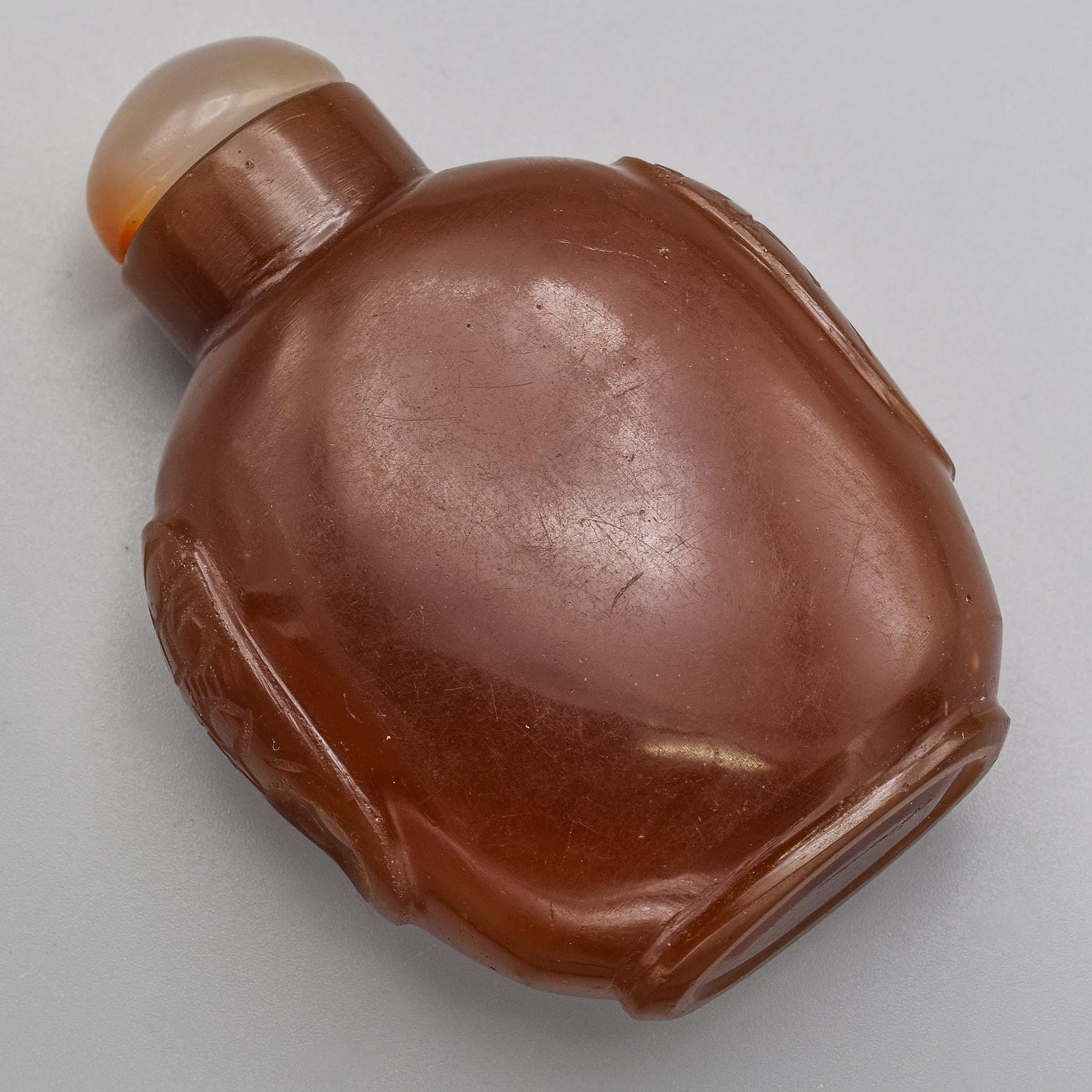 Antique Chinese Carnelian Colored Glass & Jade Carved Snuff Bottle