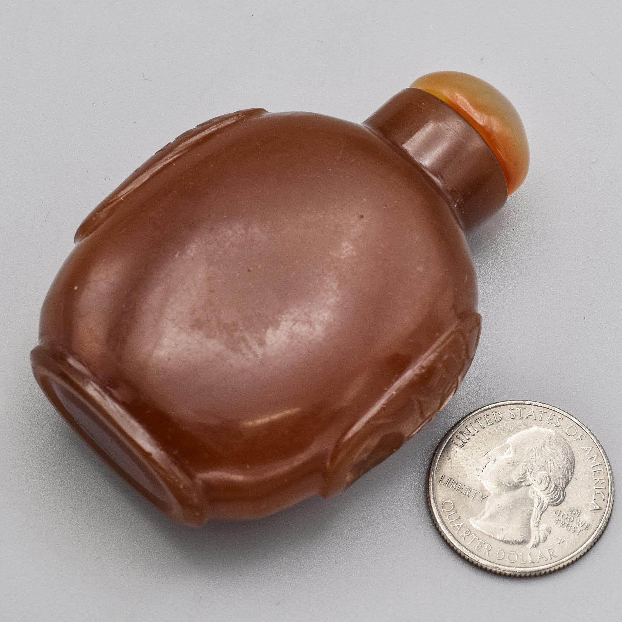 Antique Chinese Carnelian Colored Glass & Jade Carved Snuff Bottle