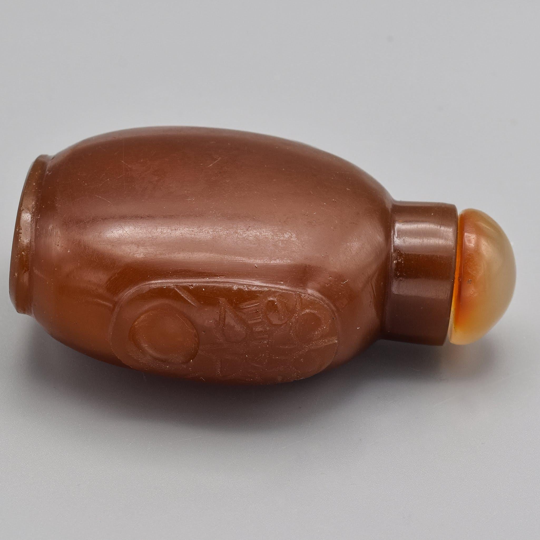 Antique Chinese Carnelian Colored Glass & Jade Carved Snuff Bottle