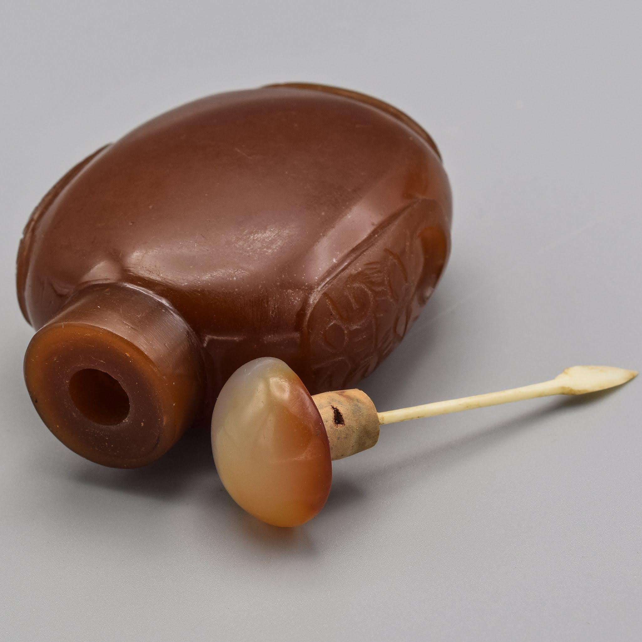 Antique Chinese Carnelian Colored Glass & Jade Carved Snuff Bottle