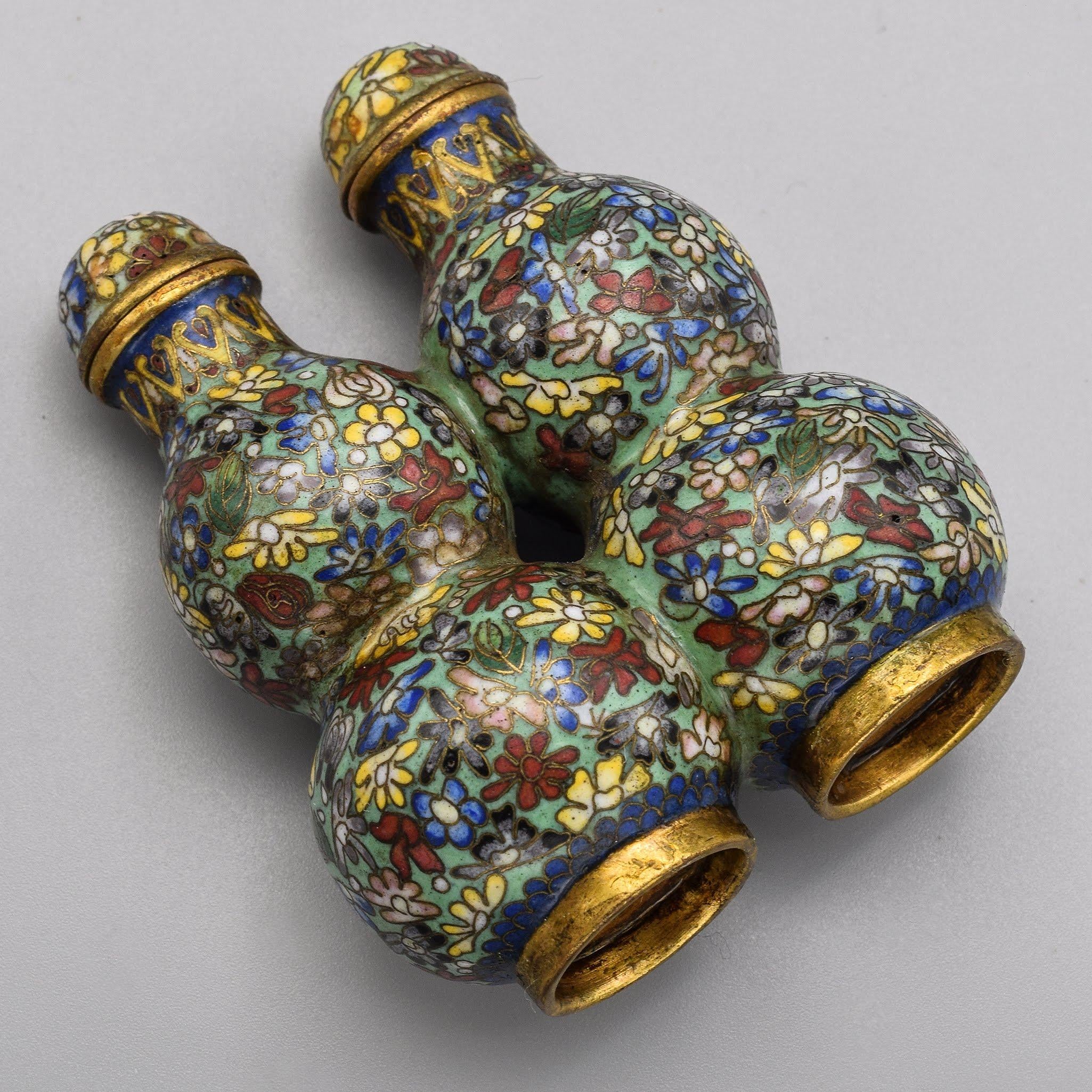 Antique Chinese Double Gourd Form Cloisonne Floral Snuff Bottle