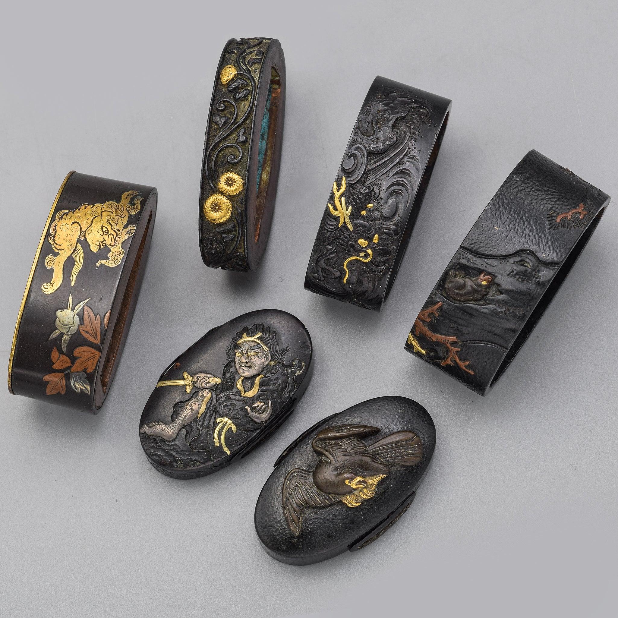 Antique Edo Meiji Taisho Period Shakudo Fuchi Gashira 6 Set Japanese Sword Parts