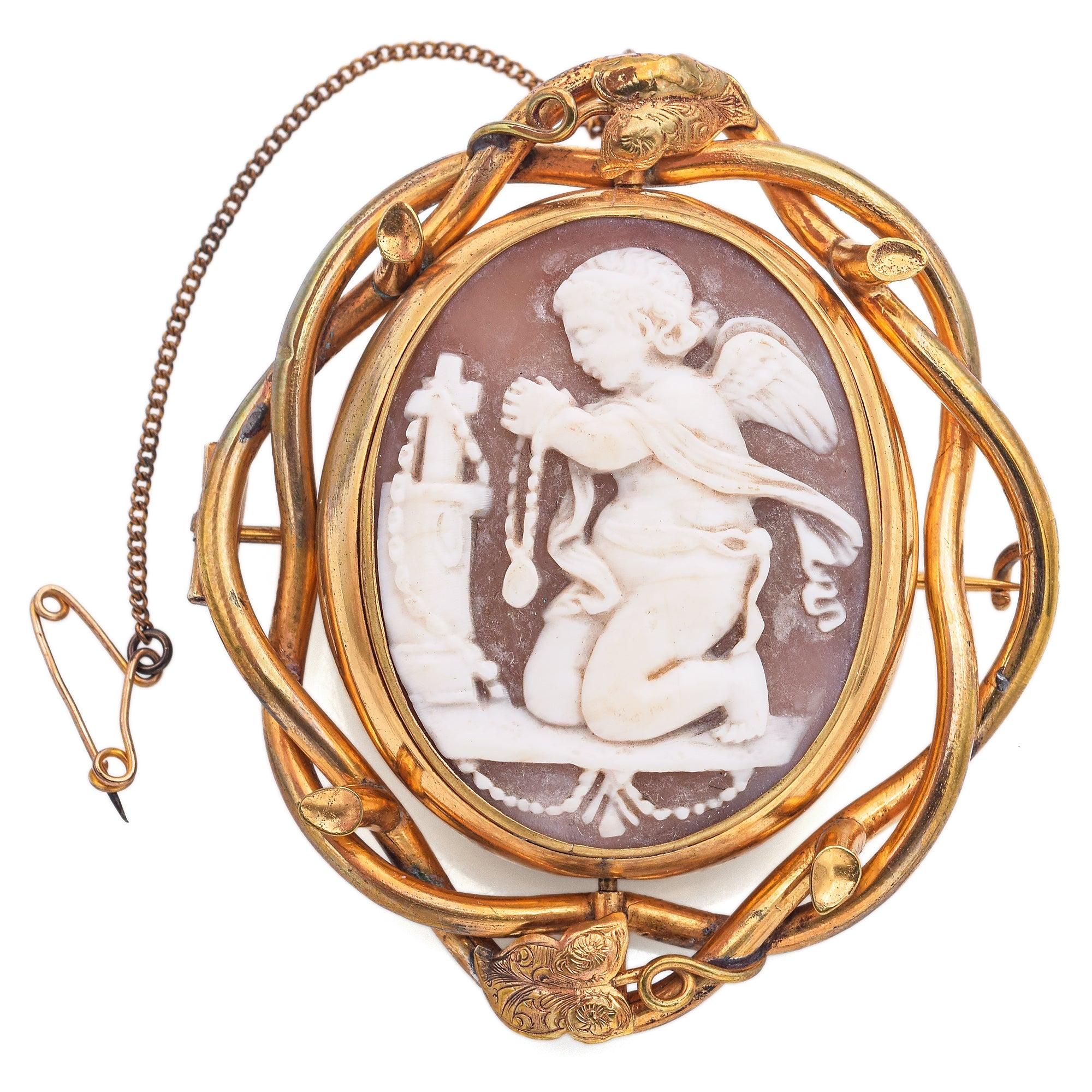 Antique Gold Filled Cameo Shell Cupid Eros Homage to Christ Love Brooch Pin