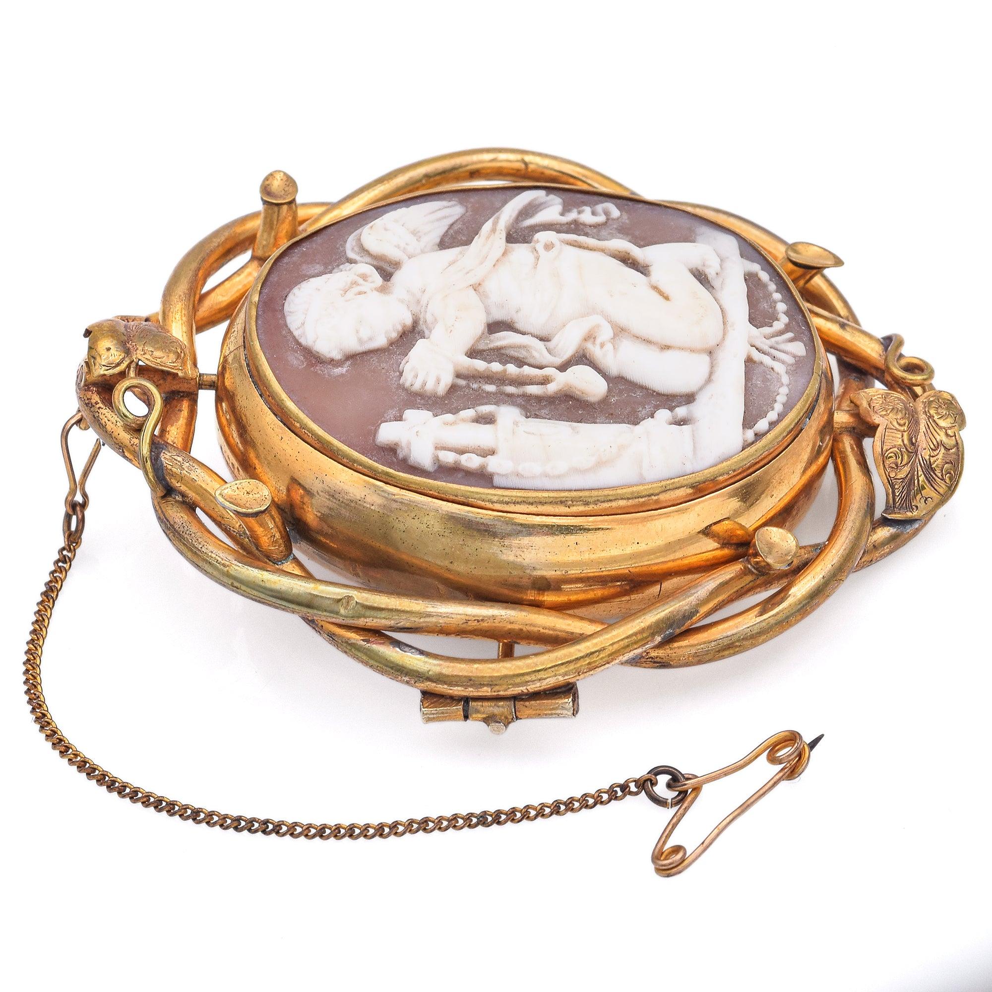 Antique Gold Filled Cameo Shell Cupid Eros Homage to Christ Love Brooch Pin