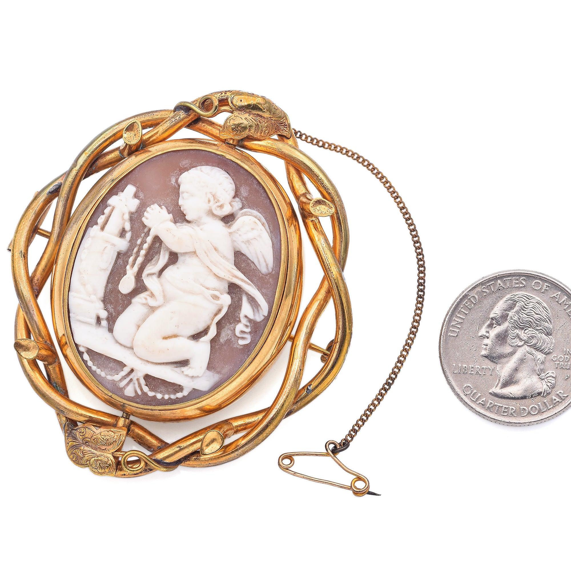 Antique Gold Filled Cameo Shell Cupid Eros Homage to Christ Love Brooch Pin