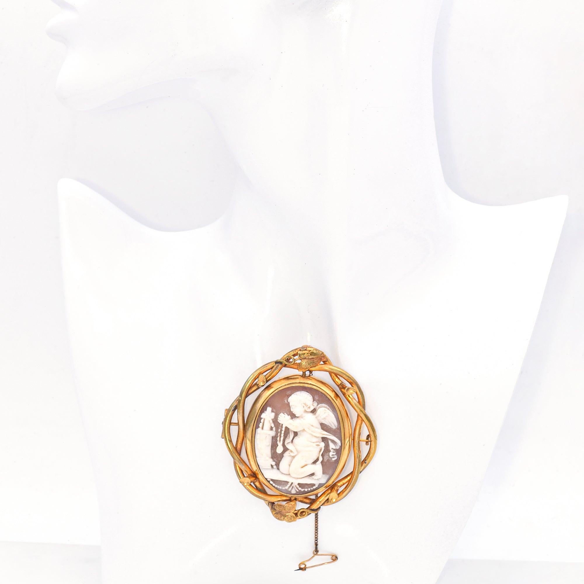 Antique Gold Filled Cameo Shell Cupid Eros Homage to Christ Love Brooch Pin