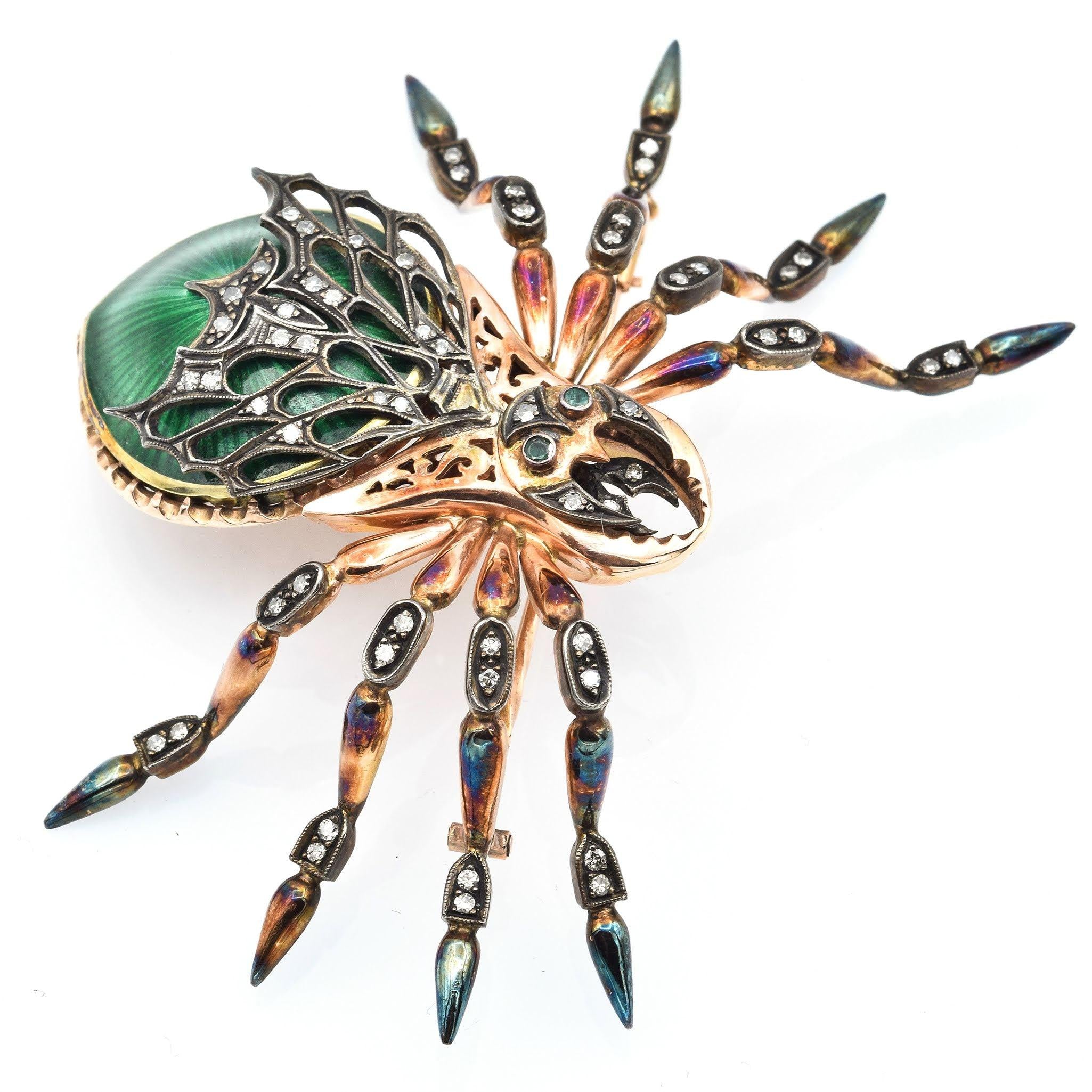 Antique 14K Rose Gold Enamel Spider Brooch With Diamonds And Emeralds