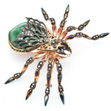 Antique 14K Rose Gold Enamel Spider Brooch With Diamonds And Emeralds