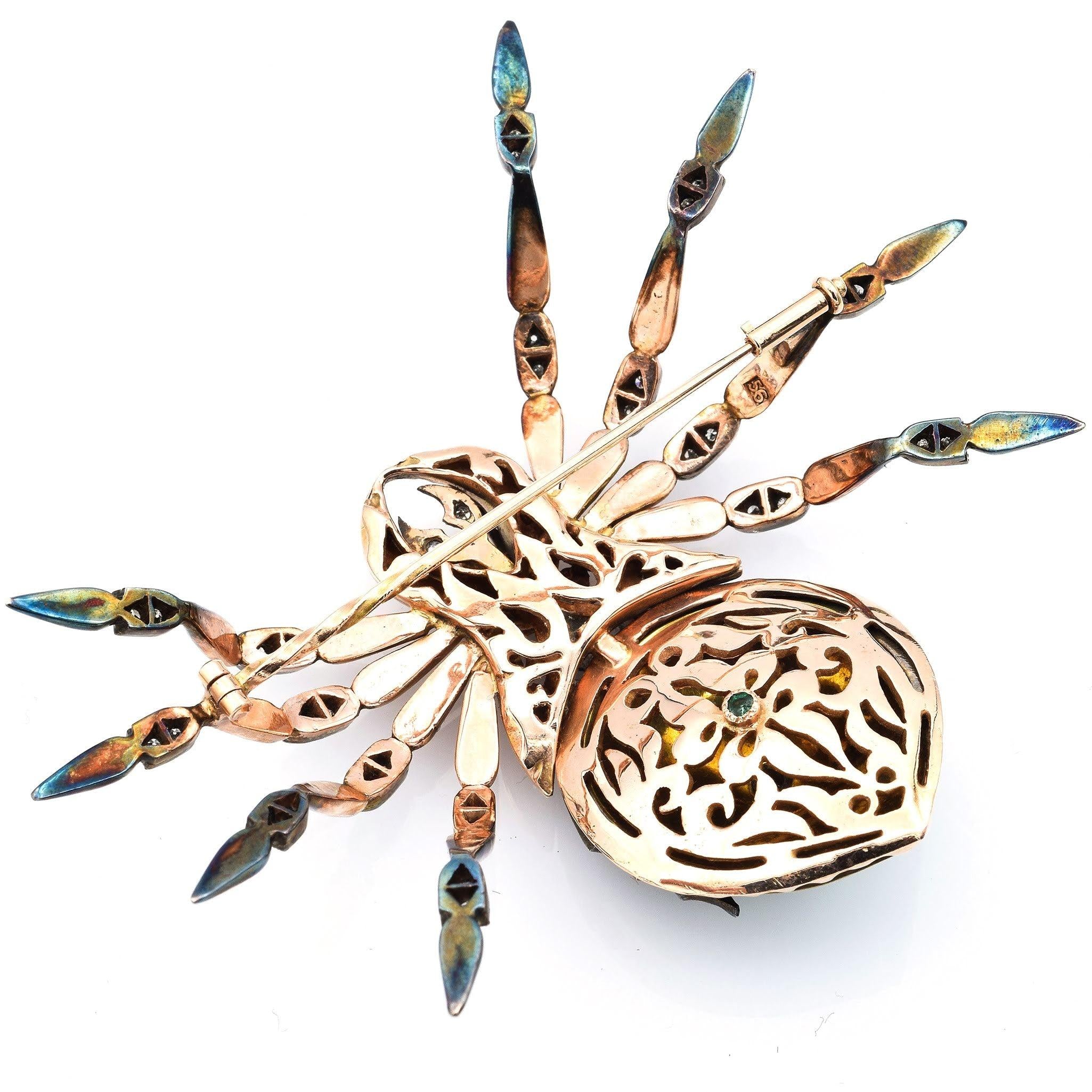 Antique 14K Rose Gold Enamel Spider Brooch With Diamonds And Emeralds