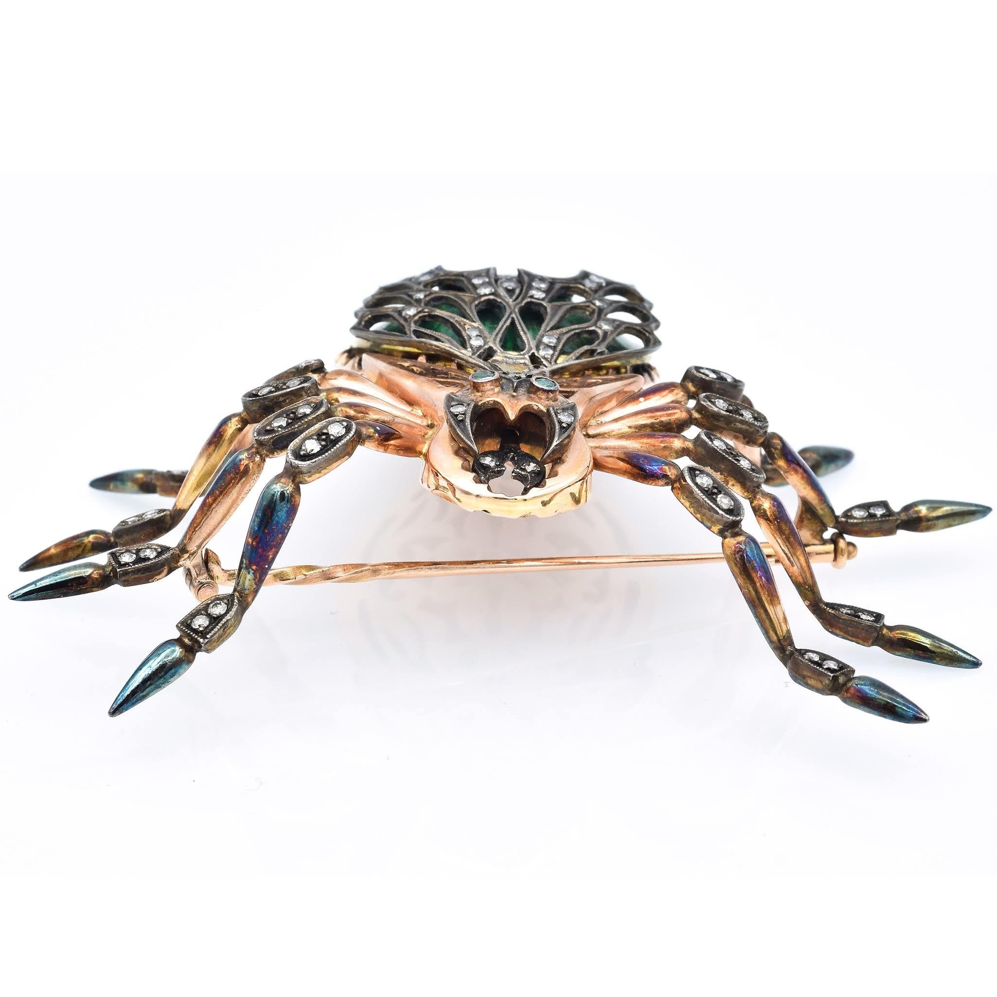 Antique 14K Rose Gold Enamel Spider Brooch With Diamonds And Emeralds