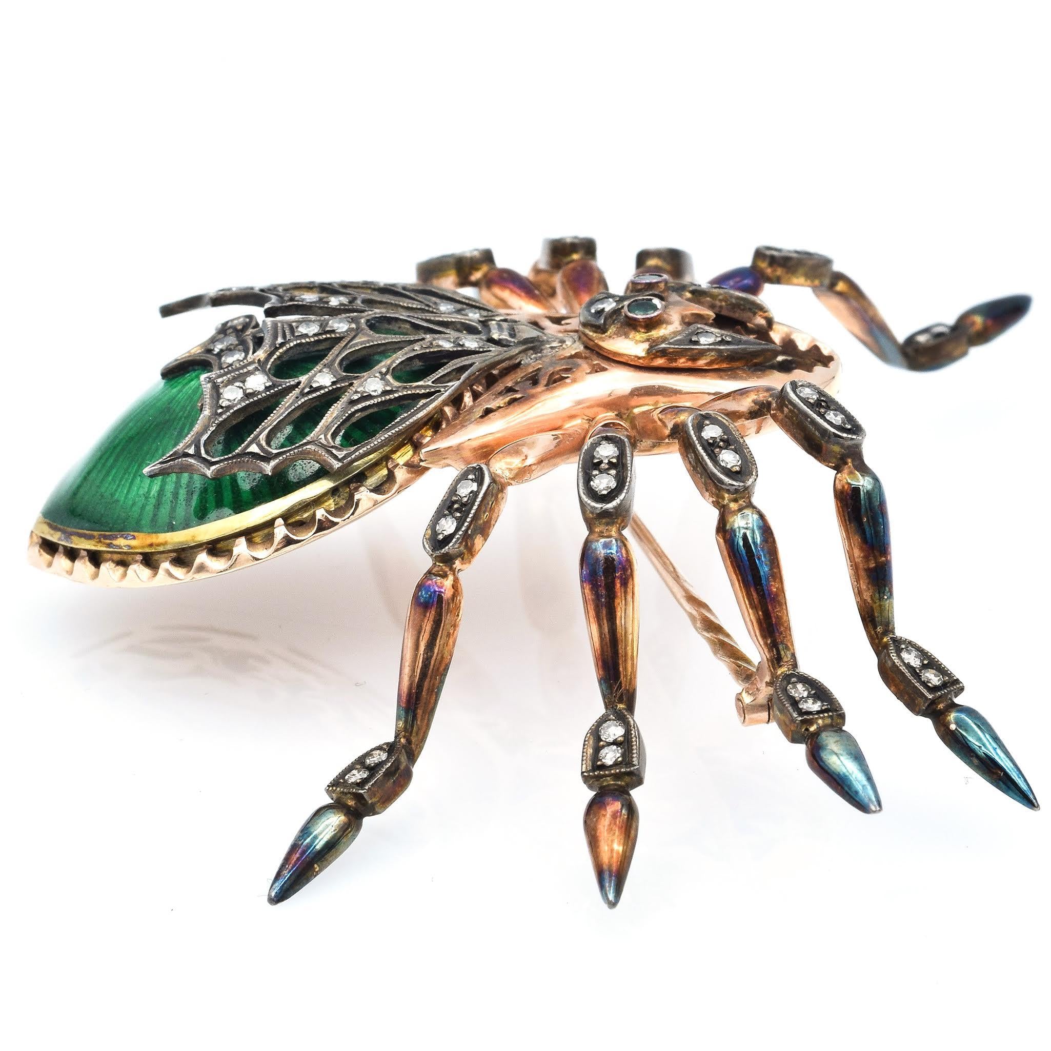 Antique 14K Rose Gold Enamel Spider Brooch With Diamonds And Emeralds