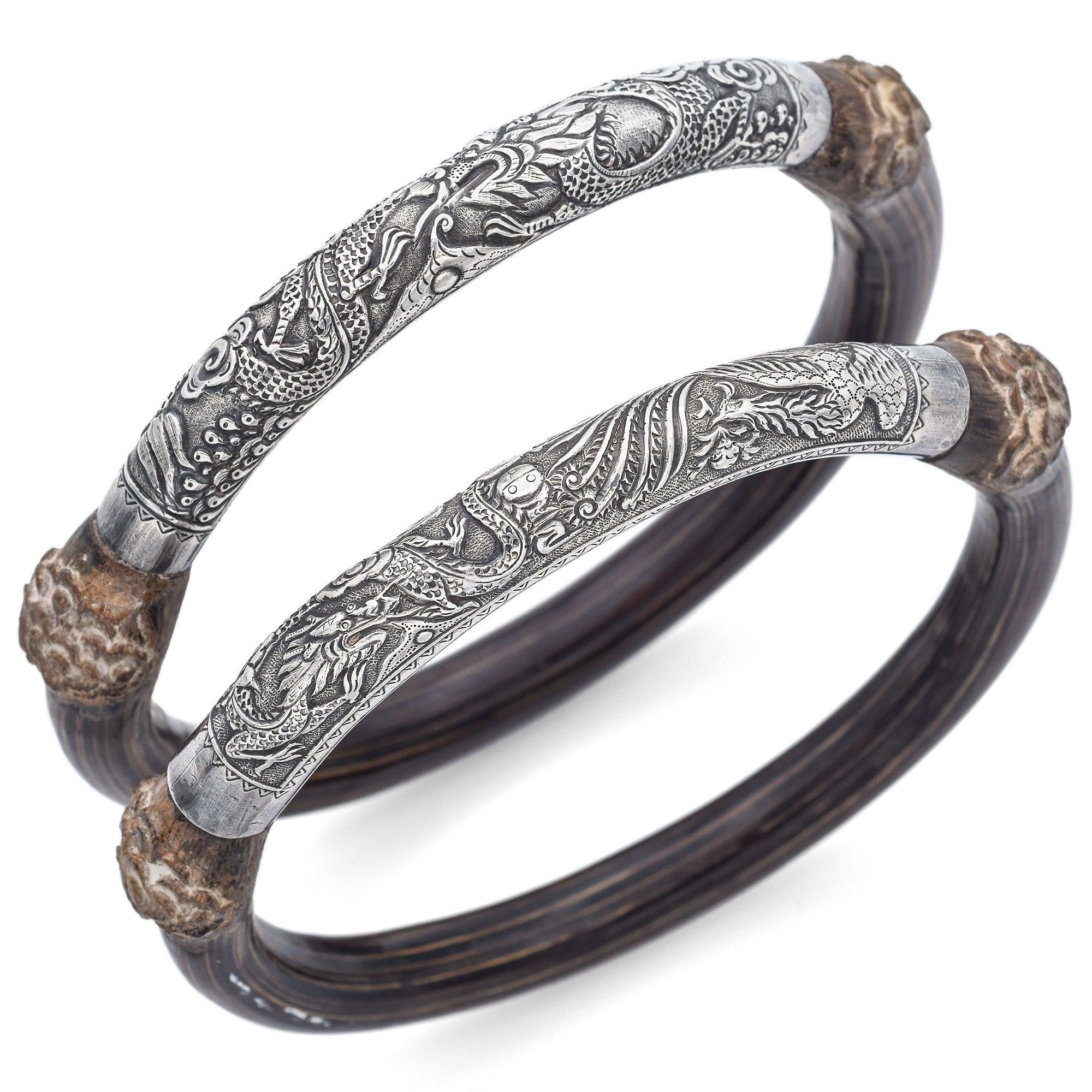 Set of 2 Antique Silver & Rattan Dragon and Phoenix Bangle Arm Bands
