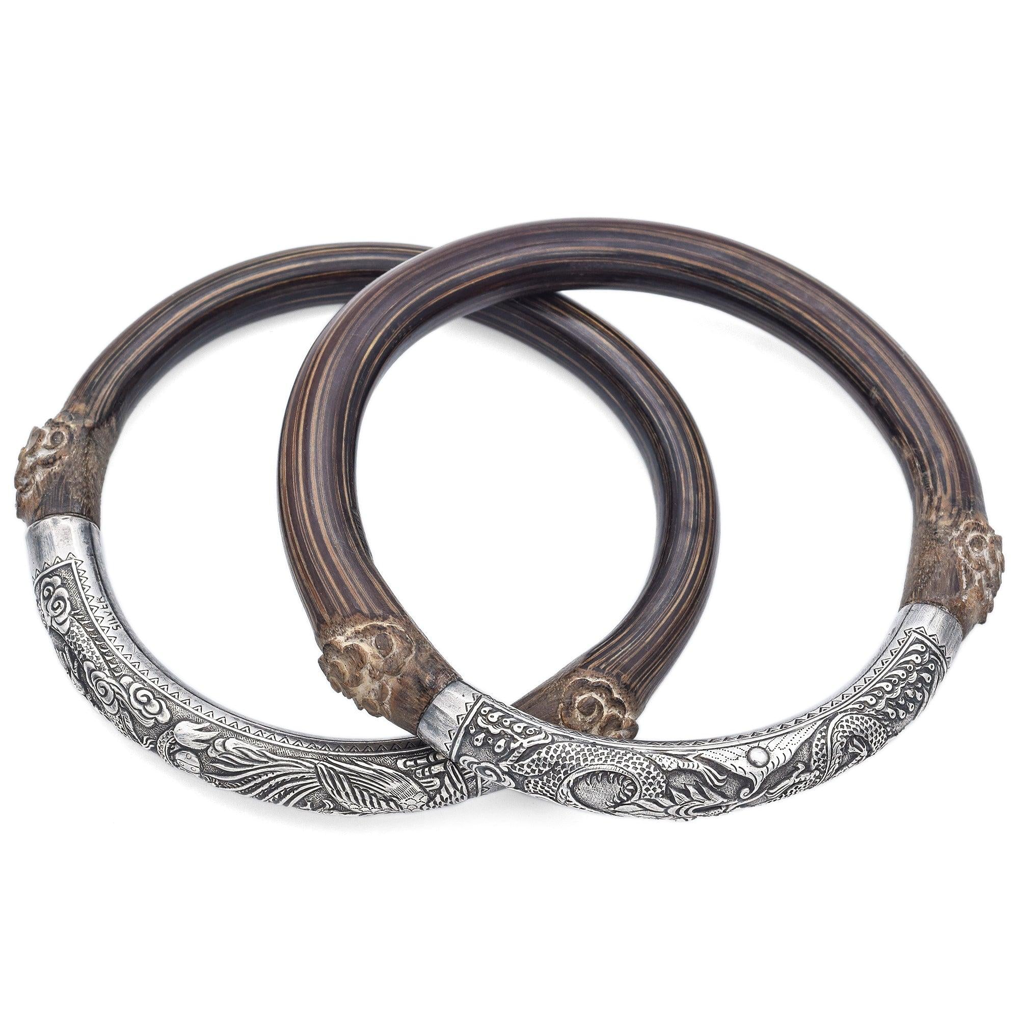 Set of 2 Antique Silver & Rattan Dragon and Phoenix Bangle Arm Bands