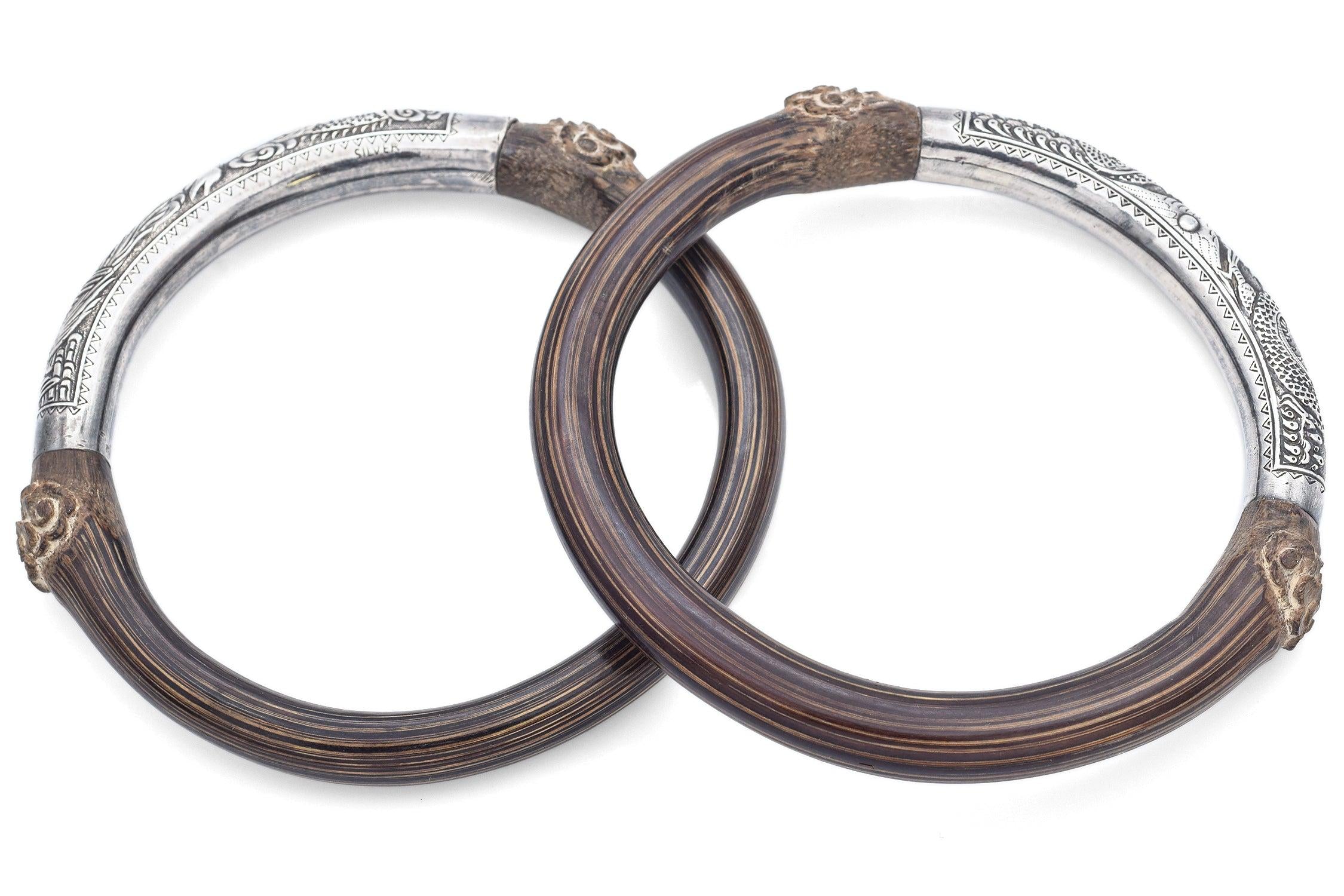 Set of 2 Antique Silver & Rattan Dragon and Phoenix Bangle Arm Bands