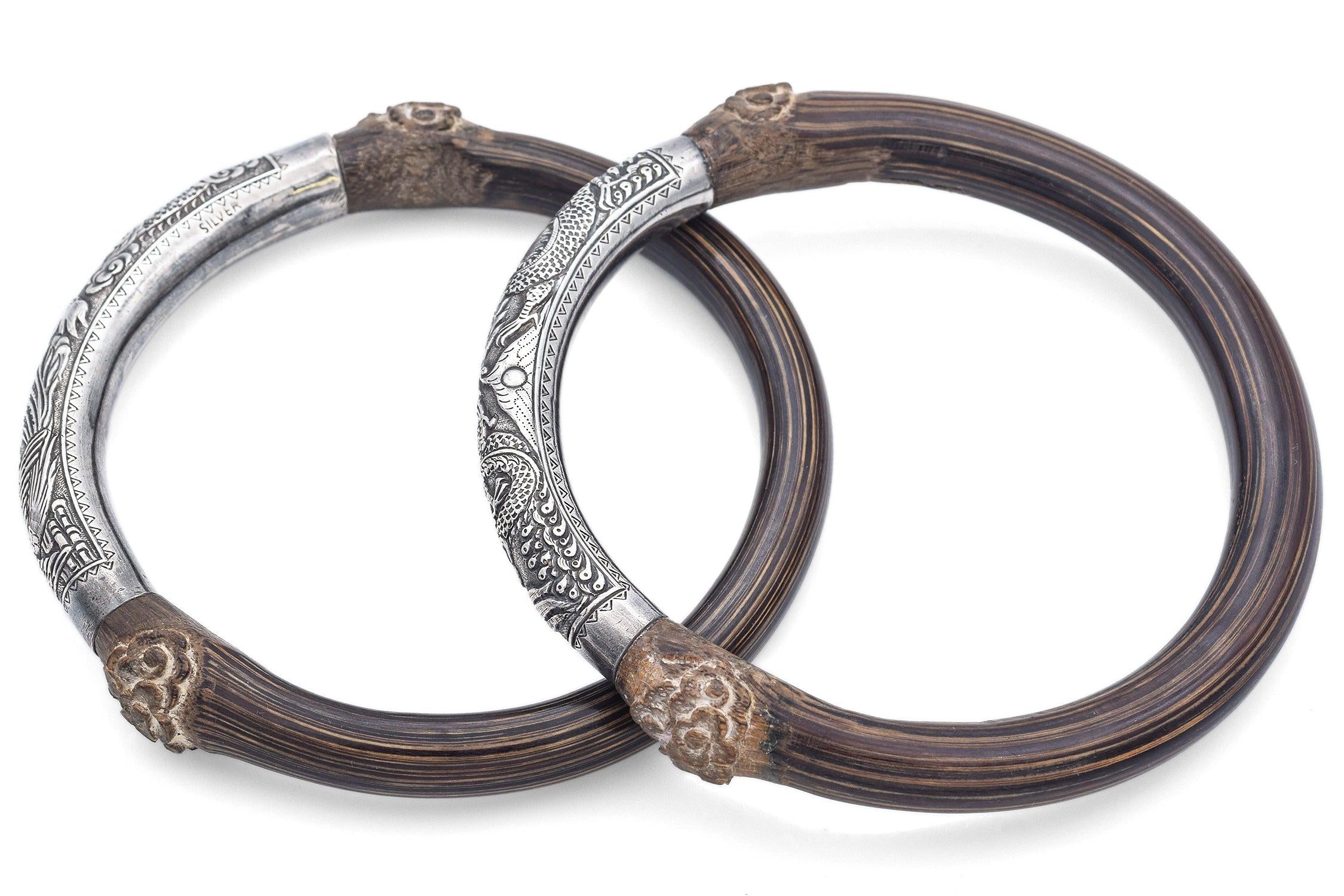 Set of 2 Antique Silver & Rattan Dragon and Phoenix Bangle Arm Bands