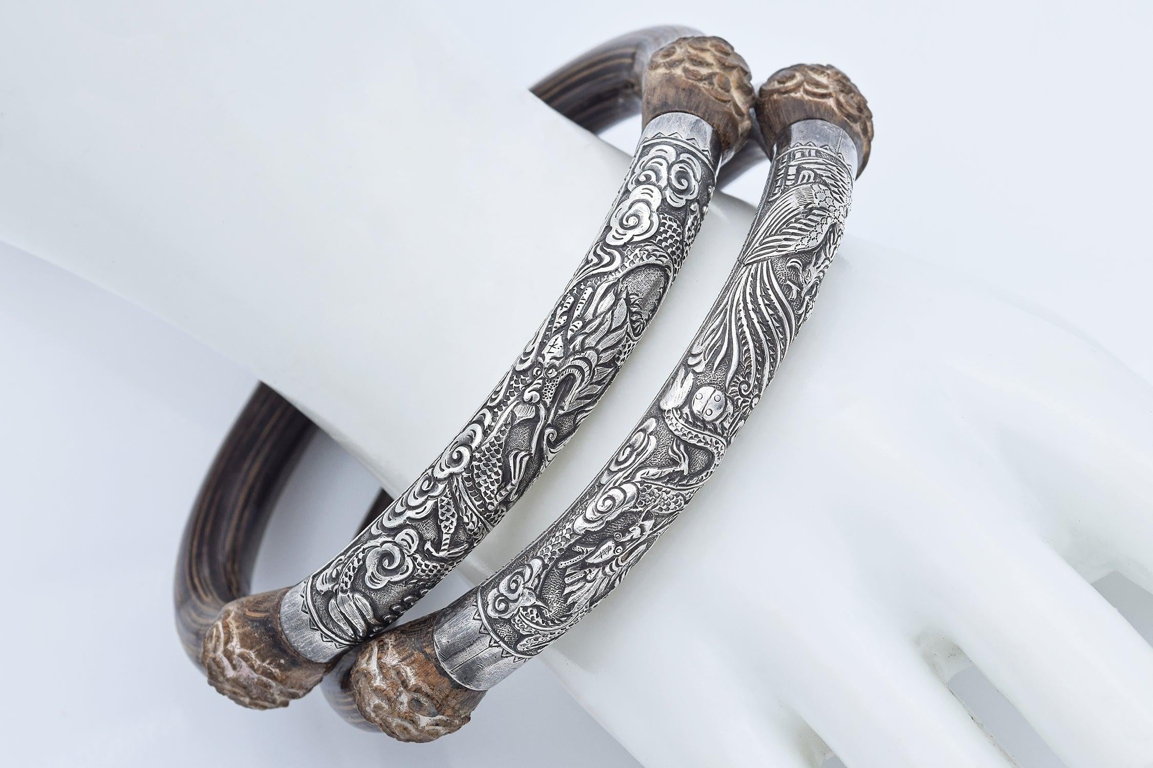 Set of 2 Antique Silver & Rattan Dragon and Phoenix Bangle Arm Bands