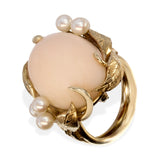 Vintage Yellow Gold Angel Skin Coral and Pearl Floral Ring