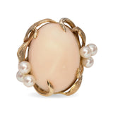 Vintage Yellow Gold Angel Skin Coral and Pearl Floral Ring