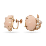Vintage Yellow Gold Angel Skin Coral and Pearl Screw Back Earrings