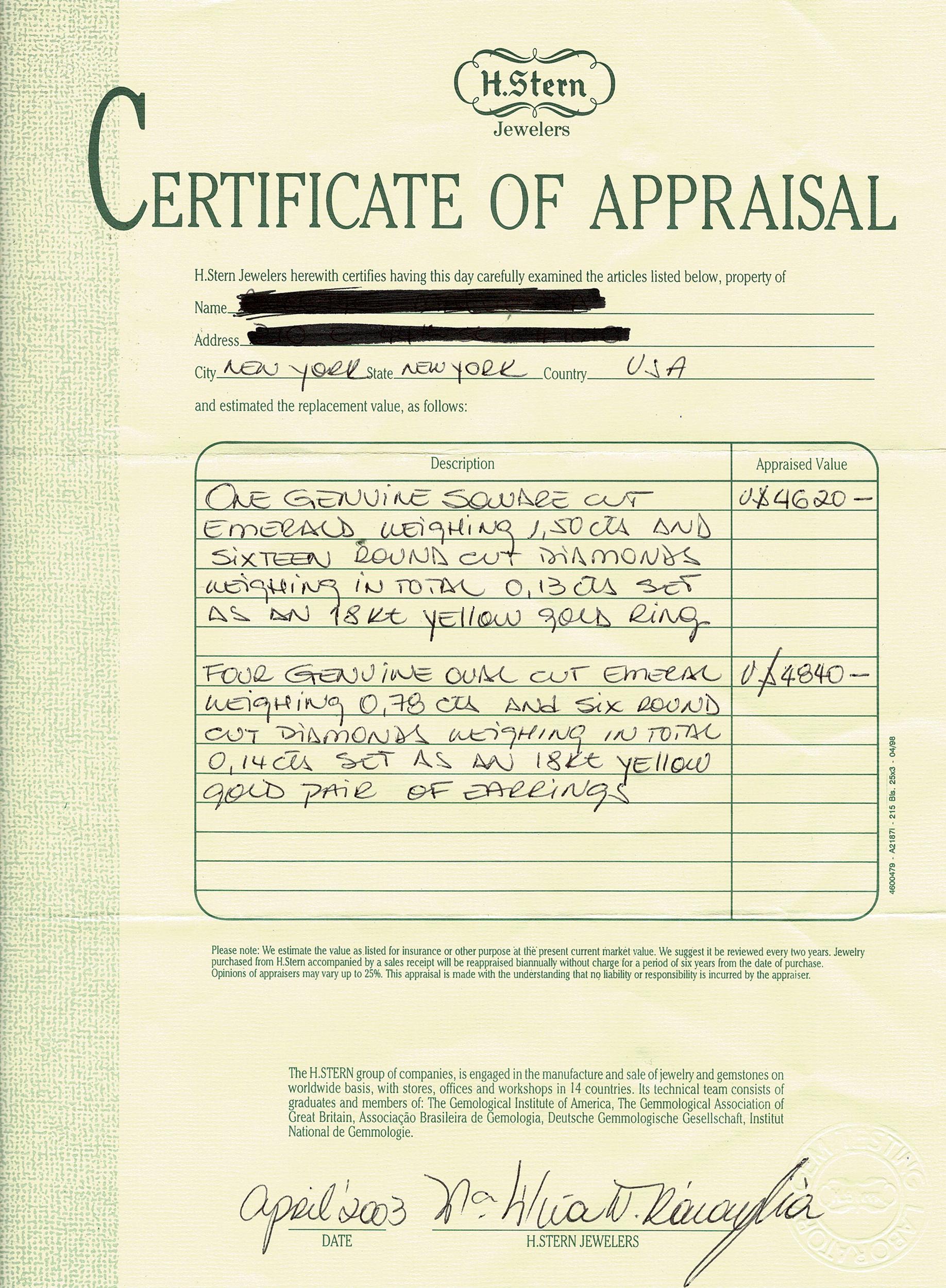 Vintage H. Stern 18k Yellow Gold Emerald and Diamond Jewelry Set