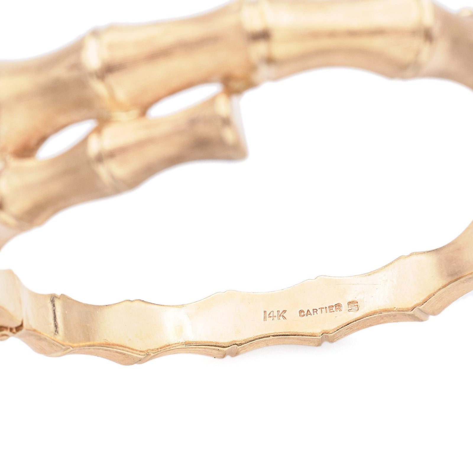 Cartier Vintage 14K Yellow Gold Bamboo Hinged Bangle Bracelet Blue Ribbon Rarities