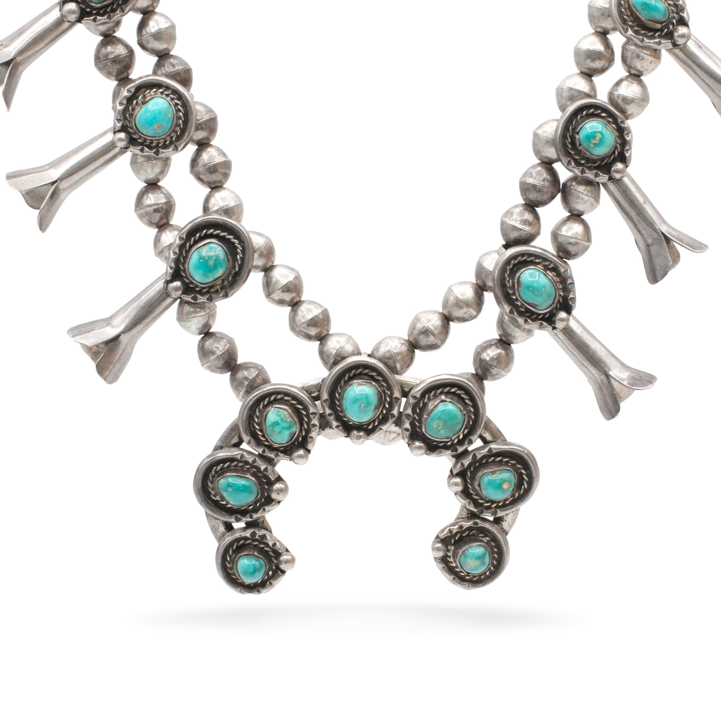 Vintage Southwestern Sterling Silver Turquoise Squash Blossom Necklace