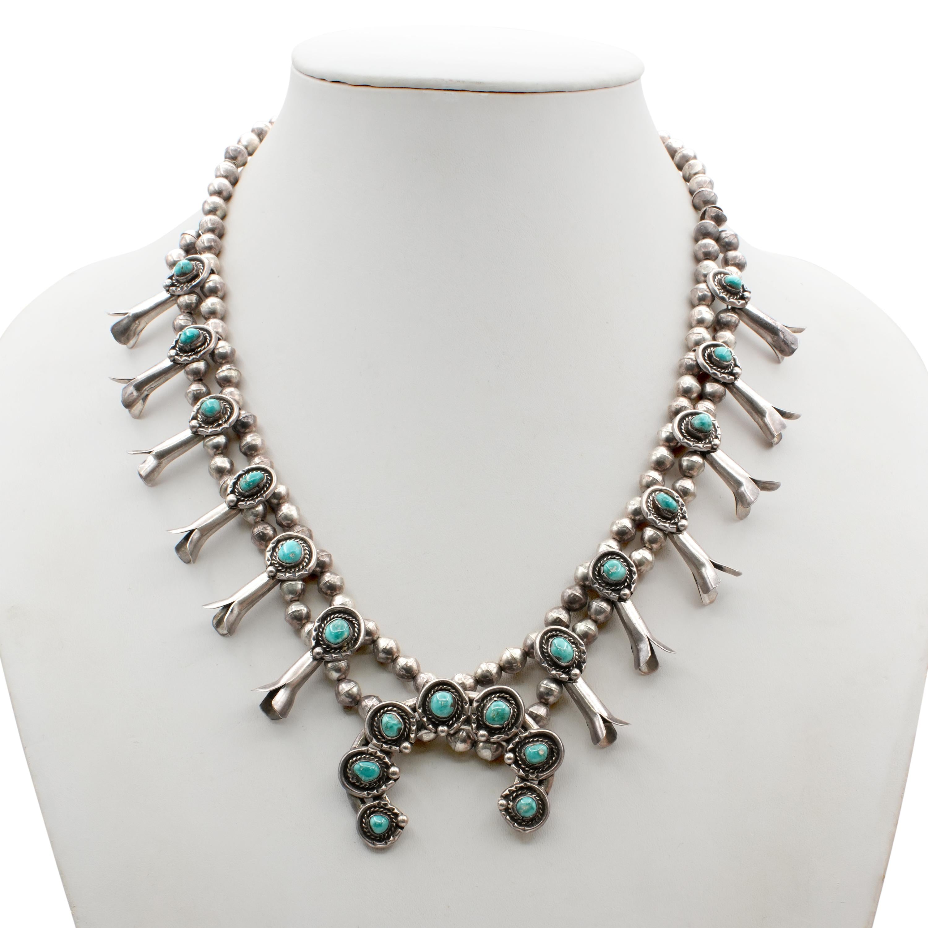 Vintage Southwestern Sterling Silver Turquoise Squash Blossom Necklace