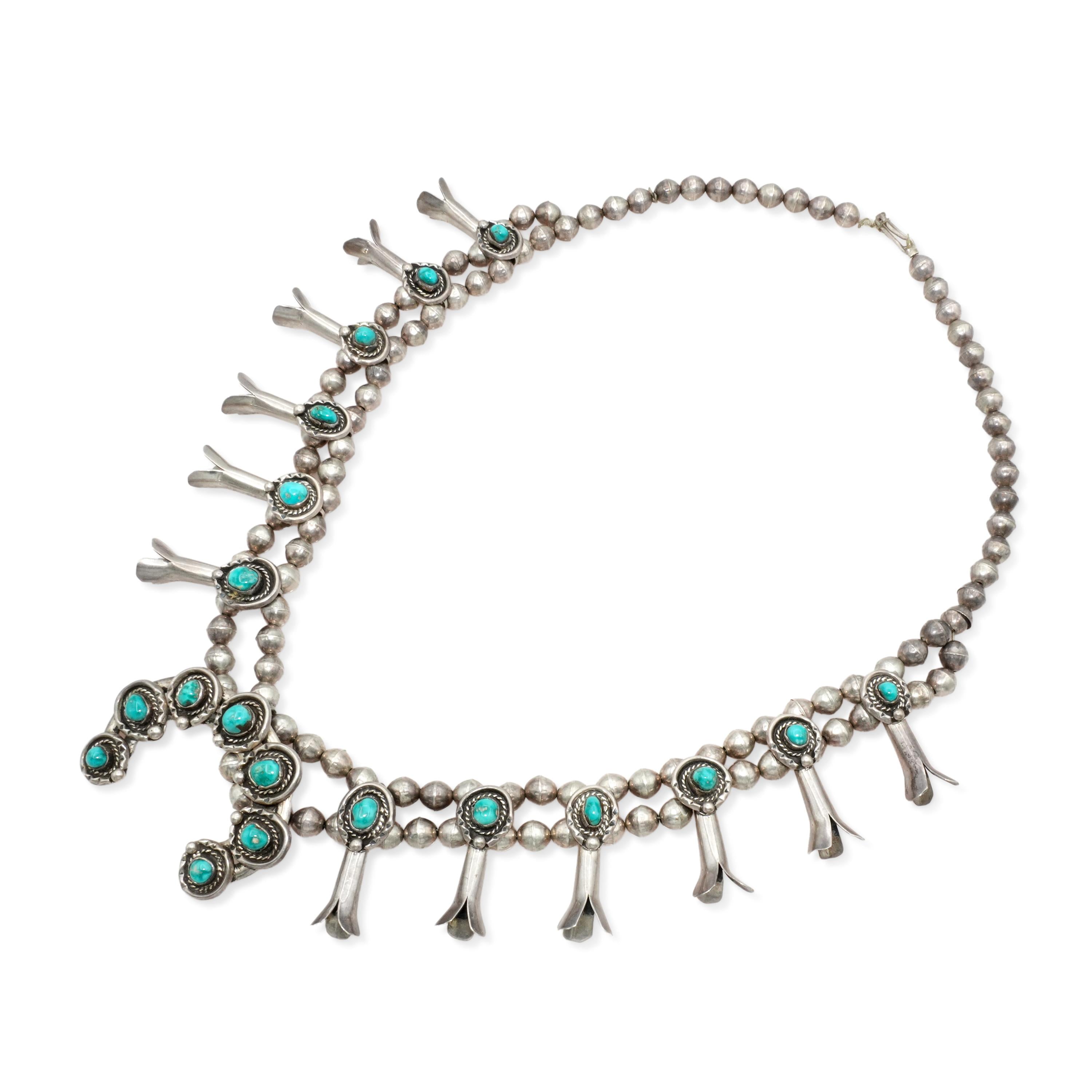 Vintage Southwestern Sterling Silver Turquoise Squash Blossom Necklace