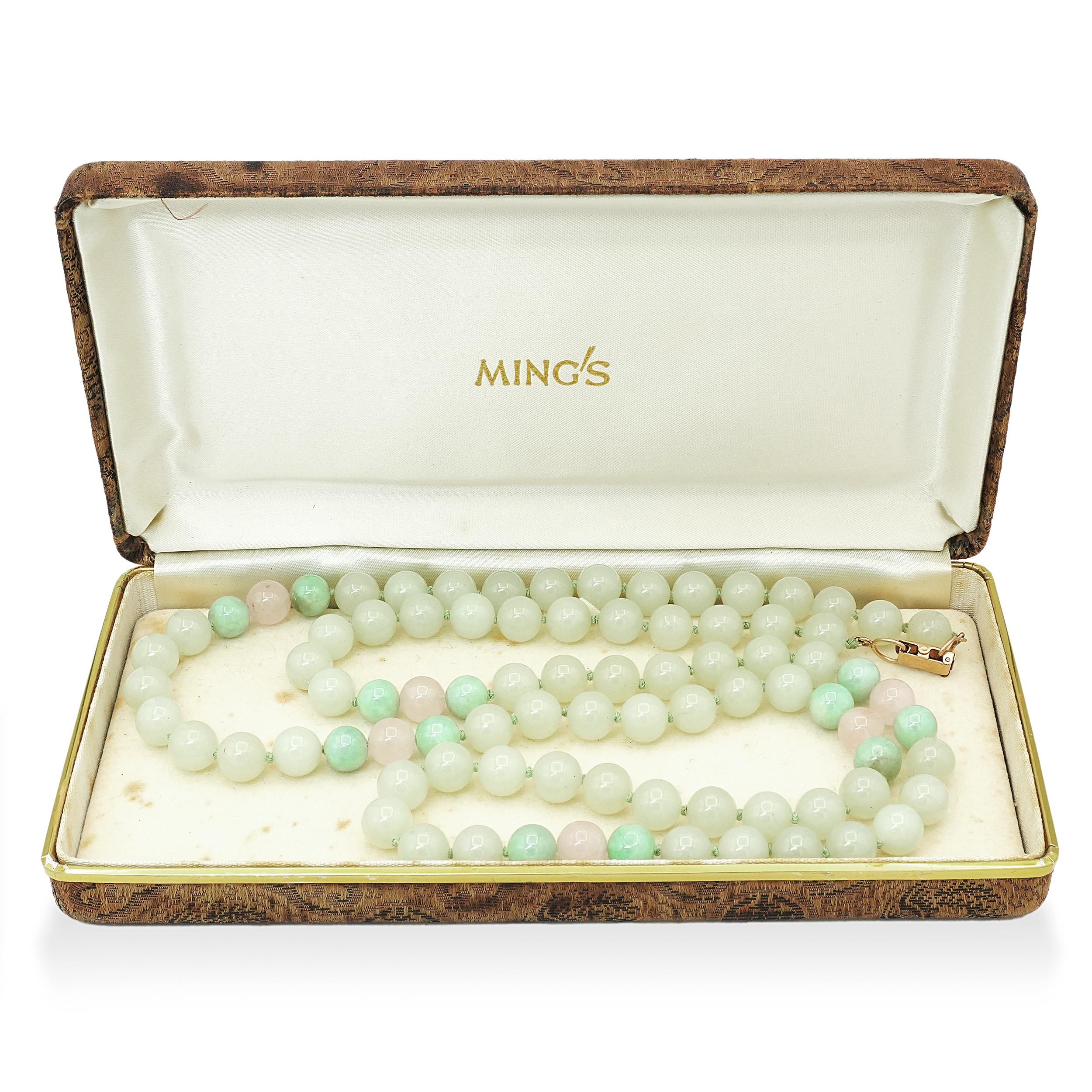 Vintage Ming's 14k Yellow Gold Filled Jade & Rose Quartz Beaded Strand Necklace