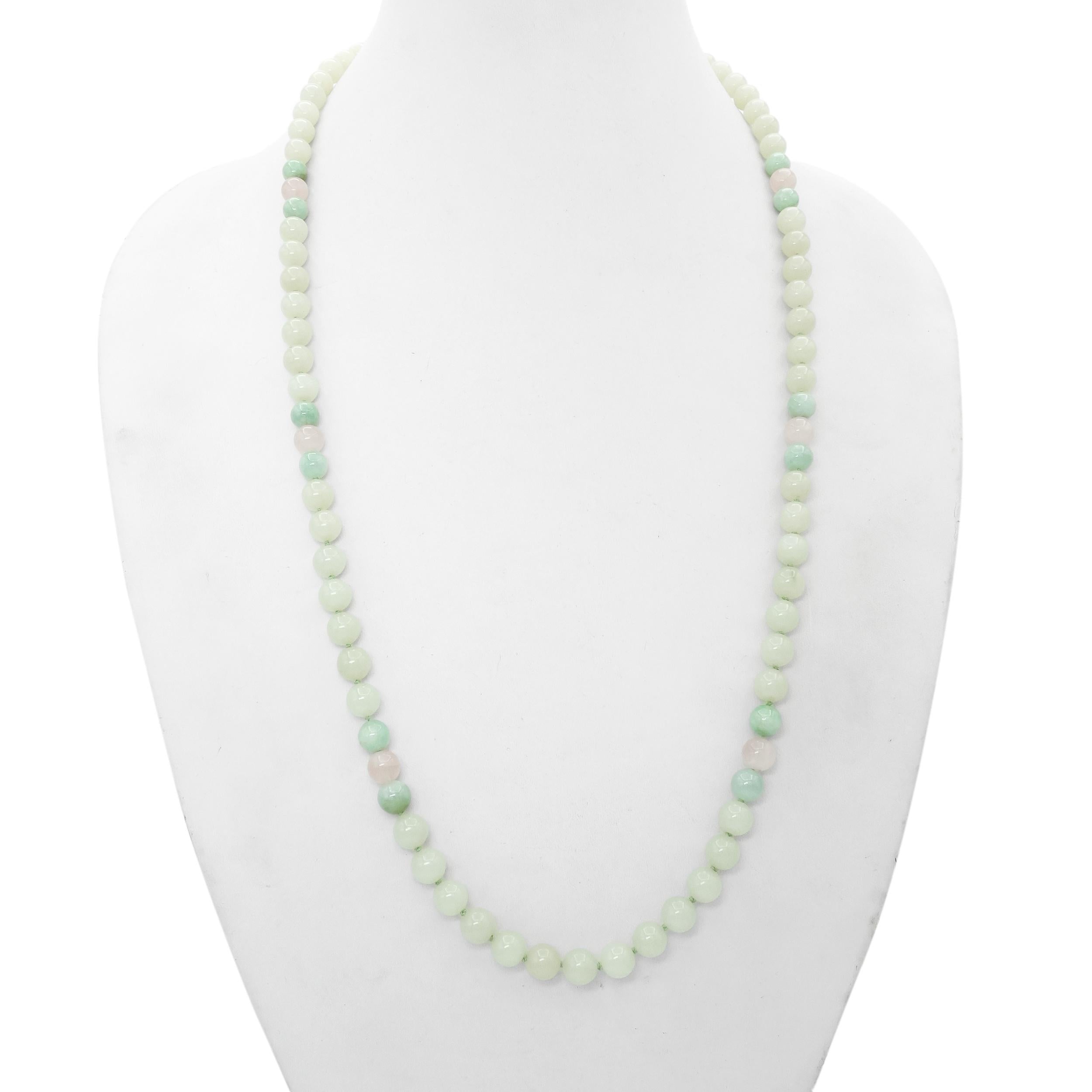 Vintage Ming's 14k Yellow Gold Filled Jade & Rose Quartz Beaded Strand Necklace