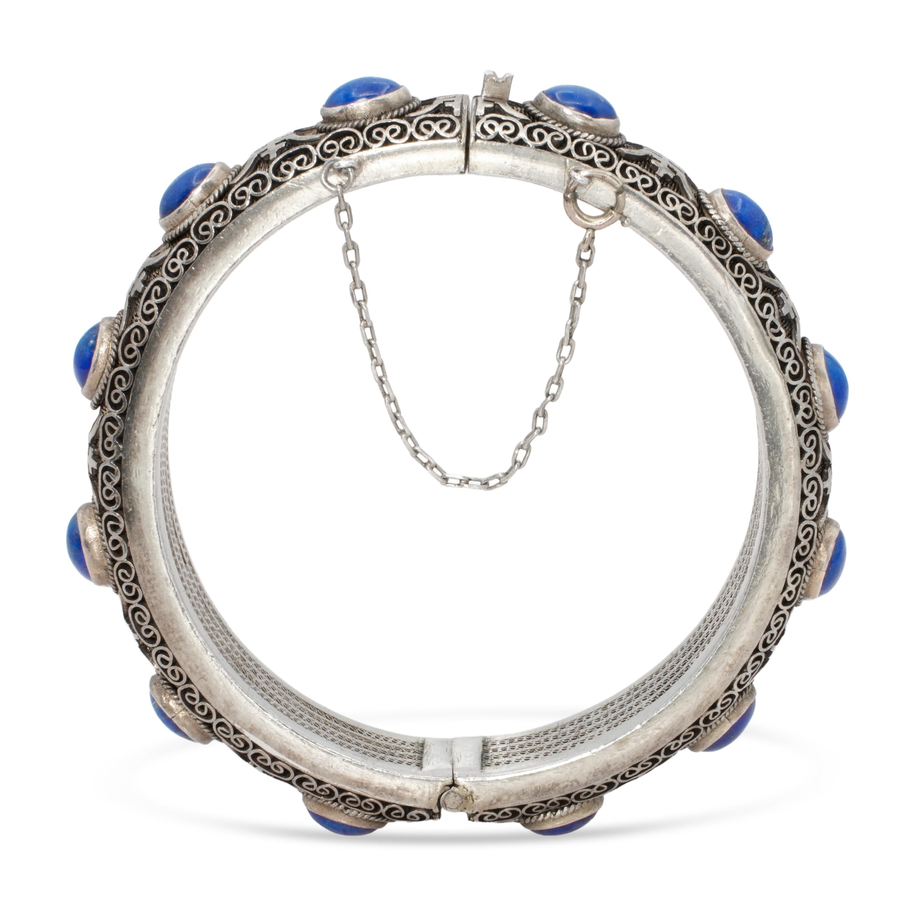 Vintage Chinese-Style Silver Lapis Lazuli Hinged Bangle