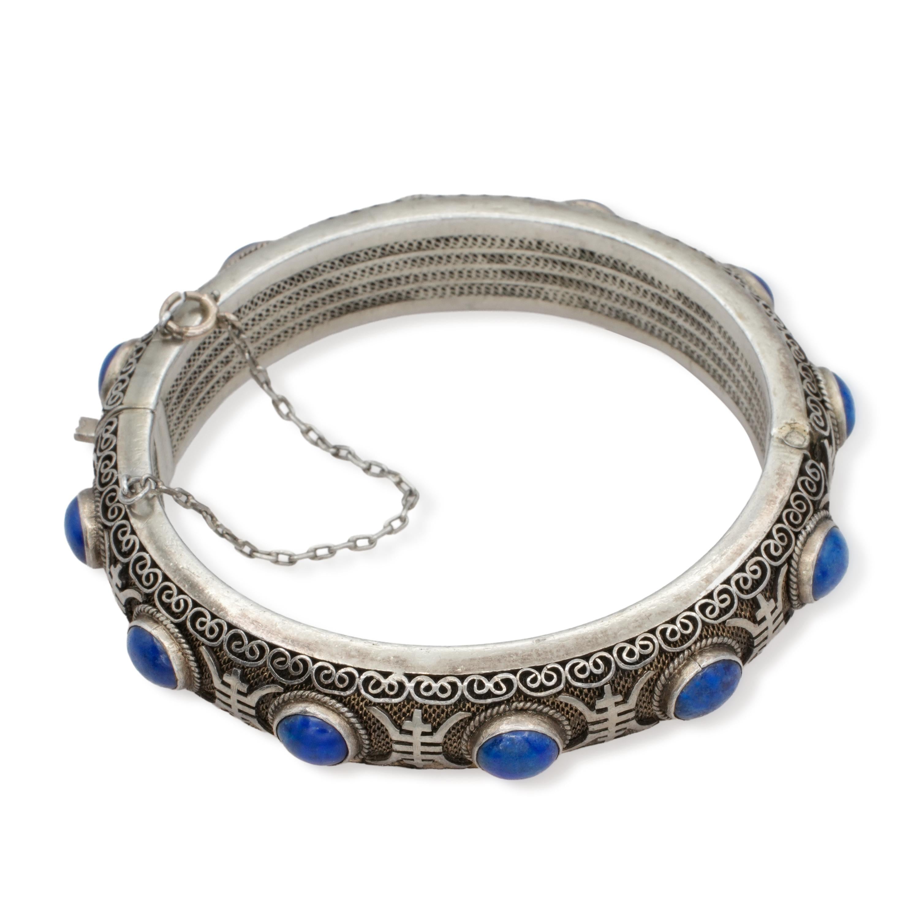 Vintage Chinese-Style Silver Lapis Lazuli Hinged Bangle