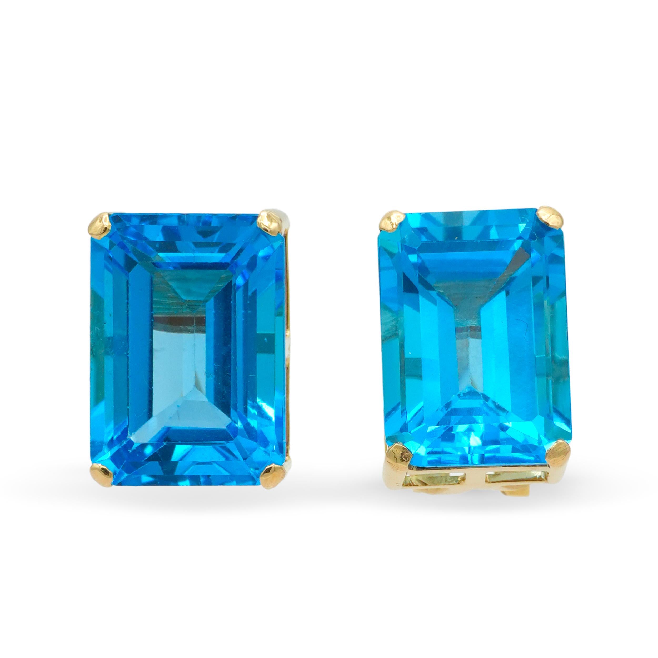 14k Yellow Gold Emerald-Cut Blue Topaz Omega-Back Earrings