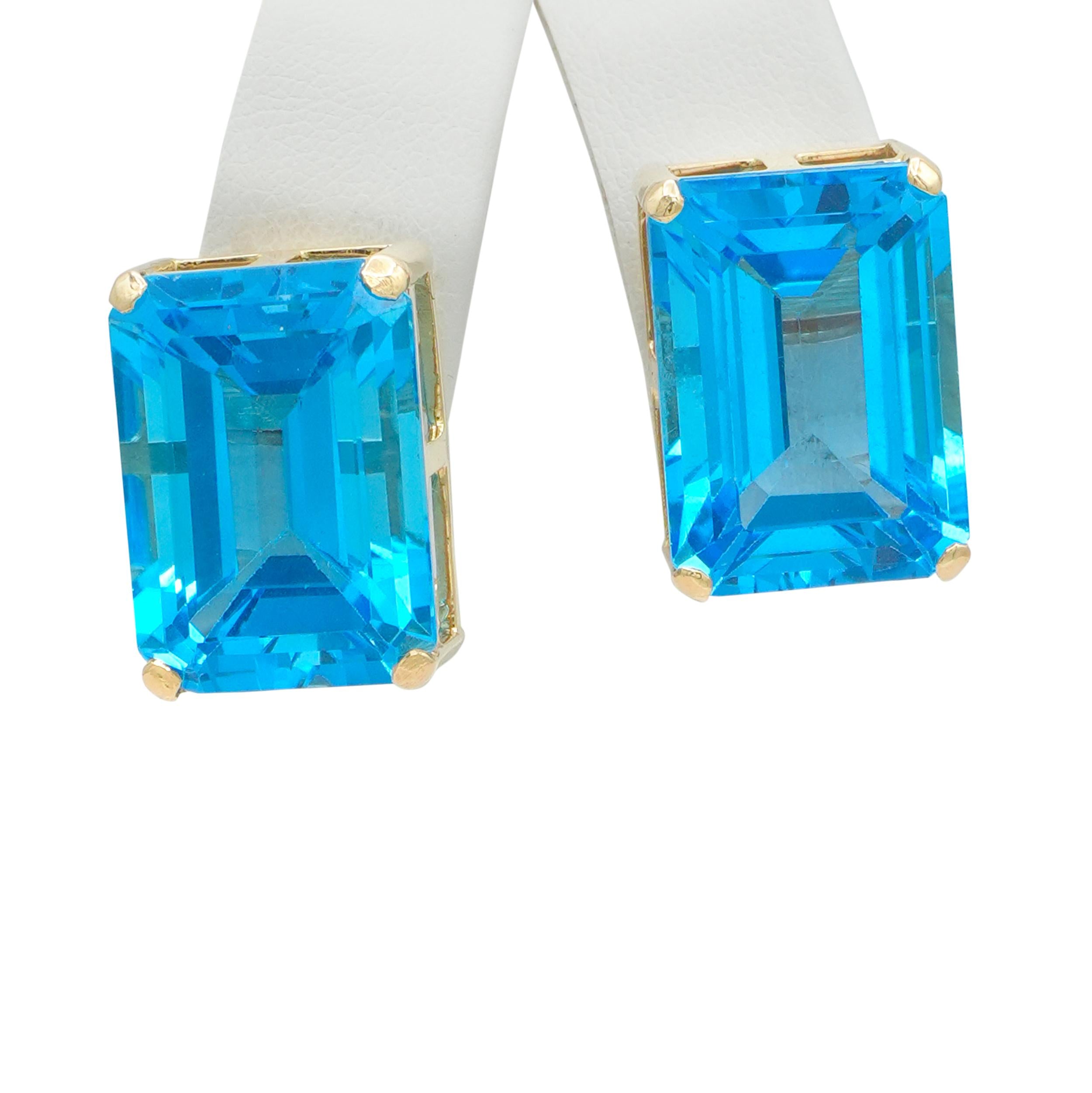 14k Yellow Gold Emerald-Cut Blue Topaz Omega-Back Earrings