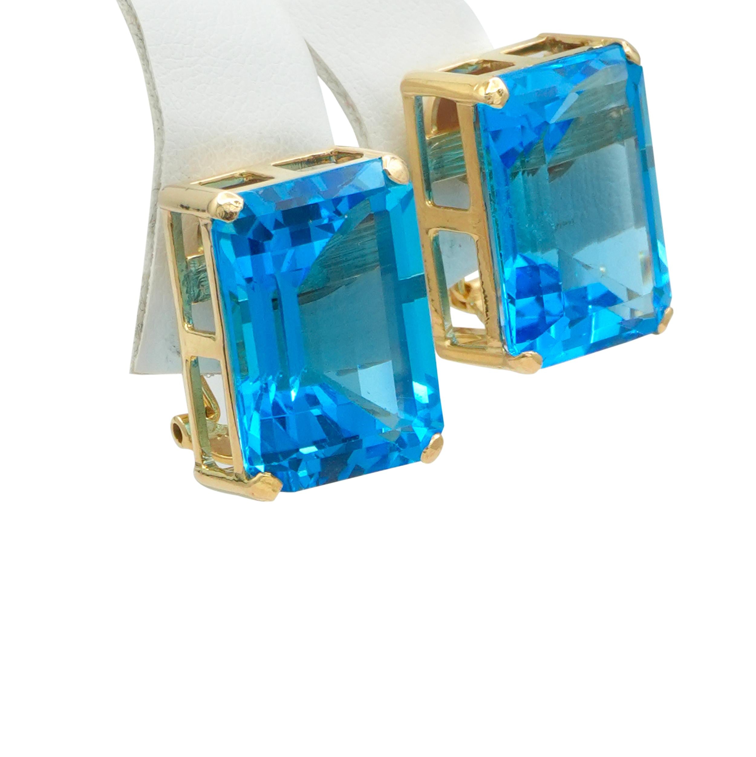 14k Yellow Gold Emerald-Cut Blue Topaz Omega-Back Earrings
